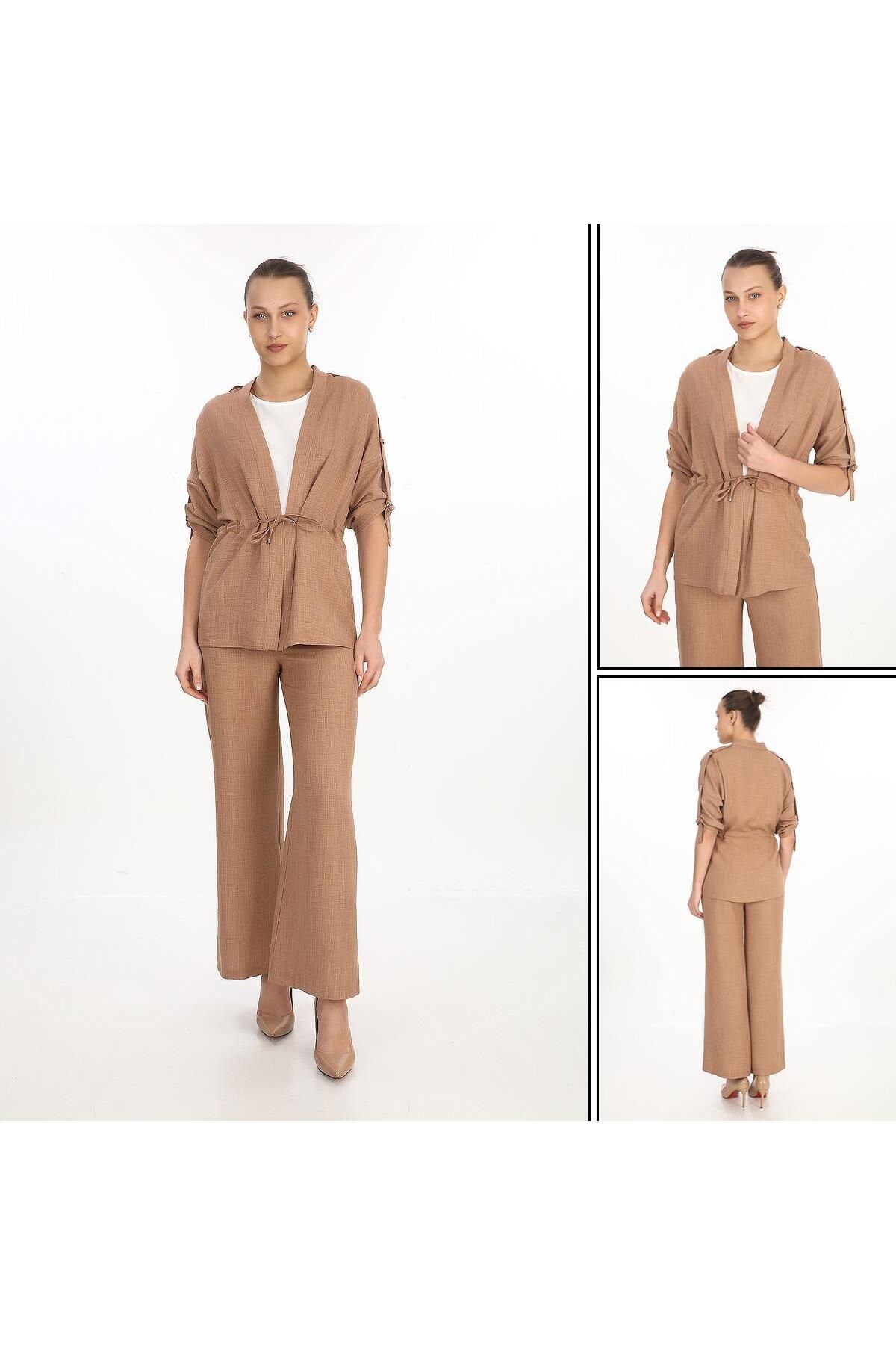 GND TEKSTİL Gnd Kadın 3’lü Yazlık Takım – Salaş Ceket + Geniş Paça Pantolon + Basic Bluz
