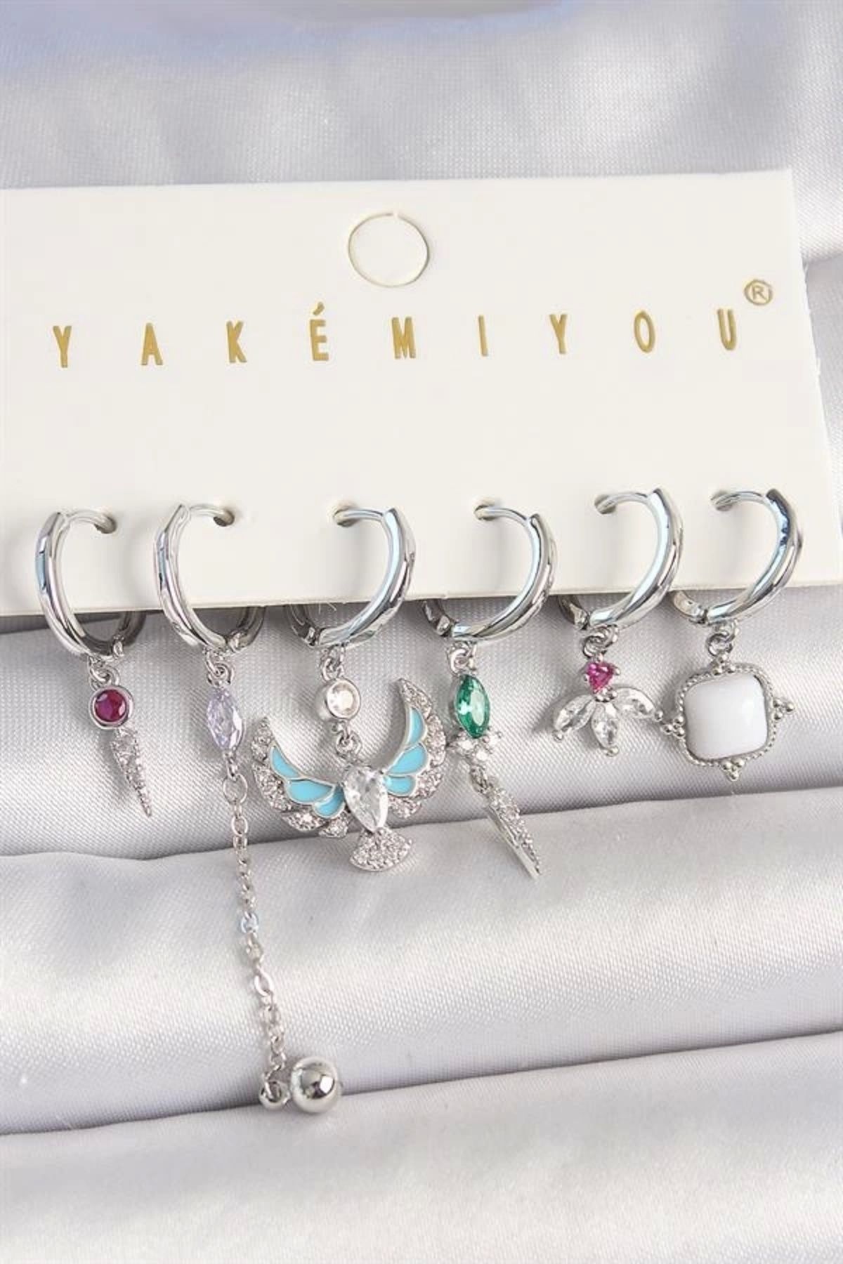 FASHIONLINE Pirinç Gümüş Renk Zirkon Taşlı Kuş Figür Çiçek Detay 6'Lı Kadın Kombin Küpe