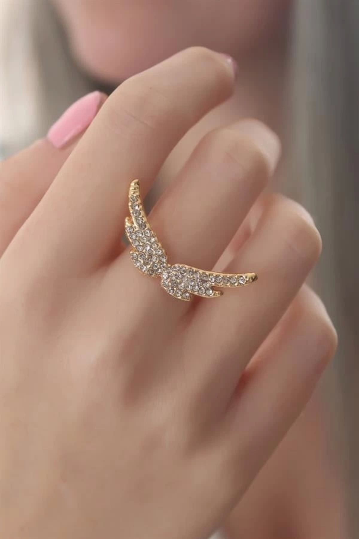 FASHIONLINE Gold Renk Kanat Model Zirkon Taşlı Kadın Yüzük