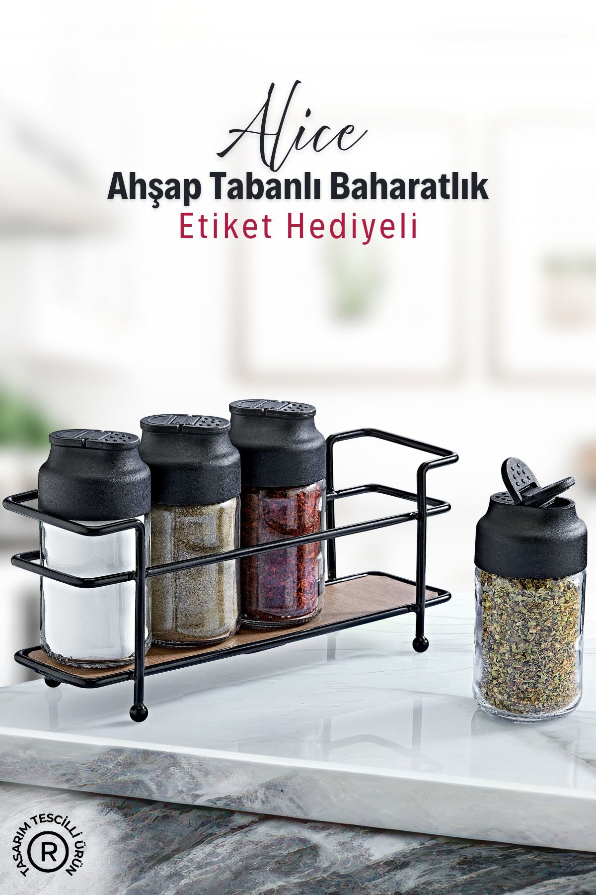 GRİMOR Life Alice Ahşap Tabanlı Metal Standlı 4'lü Çift Kapaklı Cam Baharatlık Seti - Tuzluk Biberlik Peçetelik