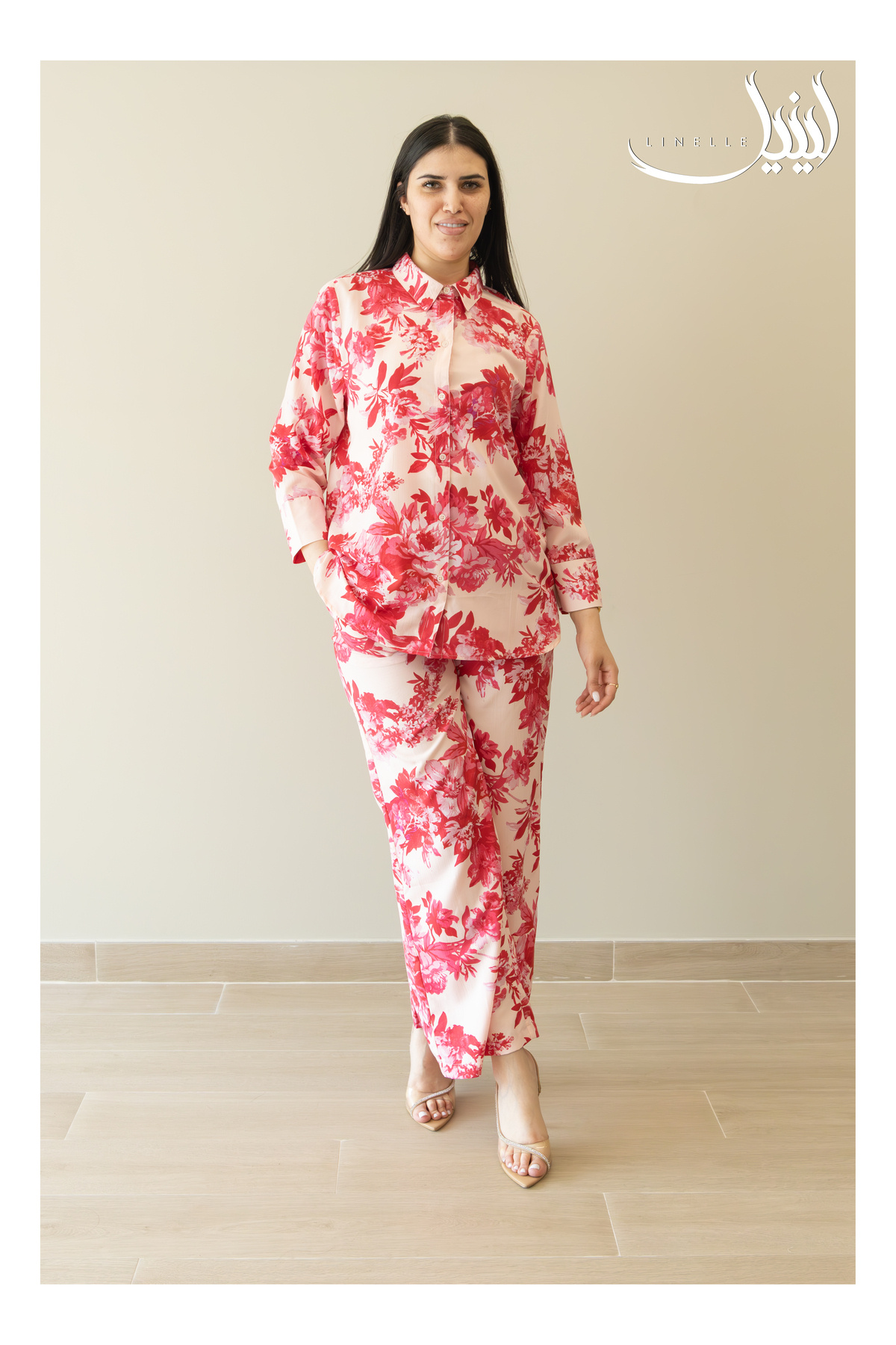 LINELLE-Ladies Co-ord Pant Set- Pink Floral Print Shirt and Pant with Long Sleeves 1
