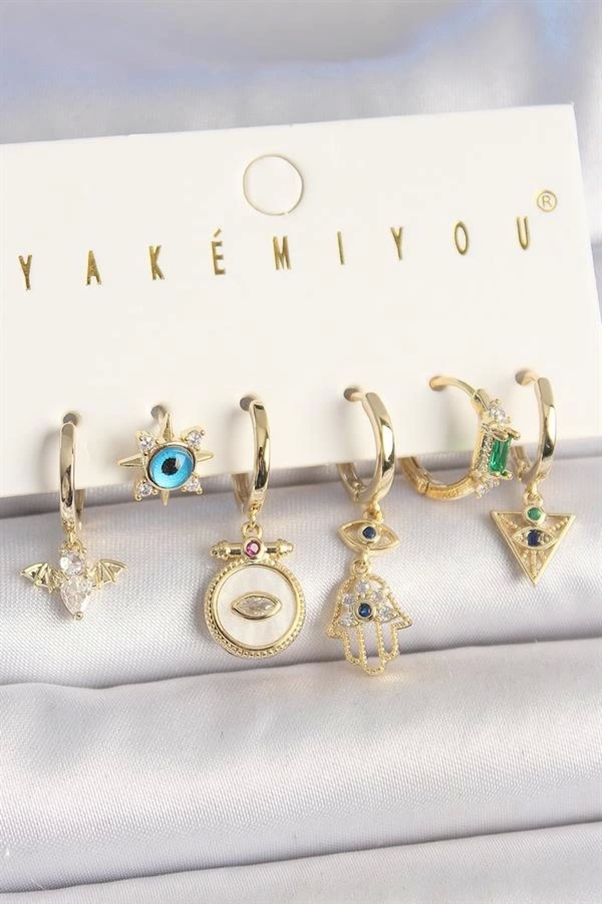 FASHIONLINE Pirinç Gold Renk Zirkon Taşlı Fatma Ana El Figür Nazar Boncuk Detay 6'Lı Kadın Kombin Küpe