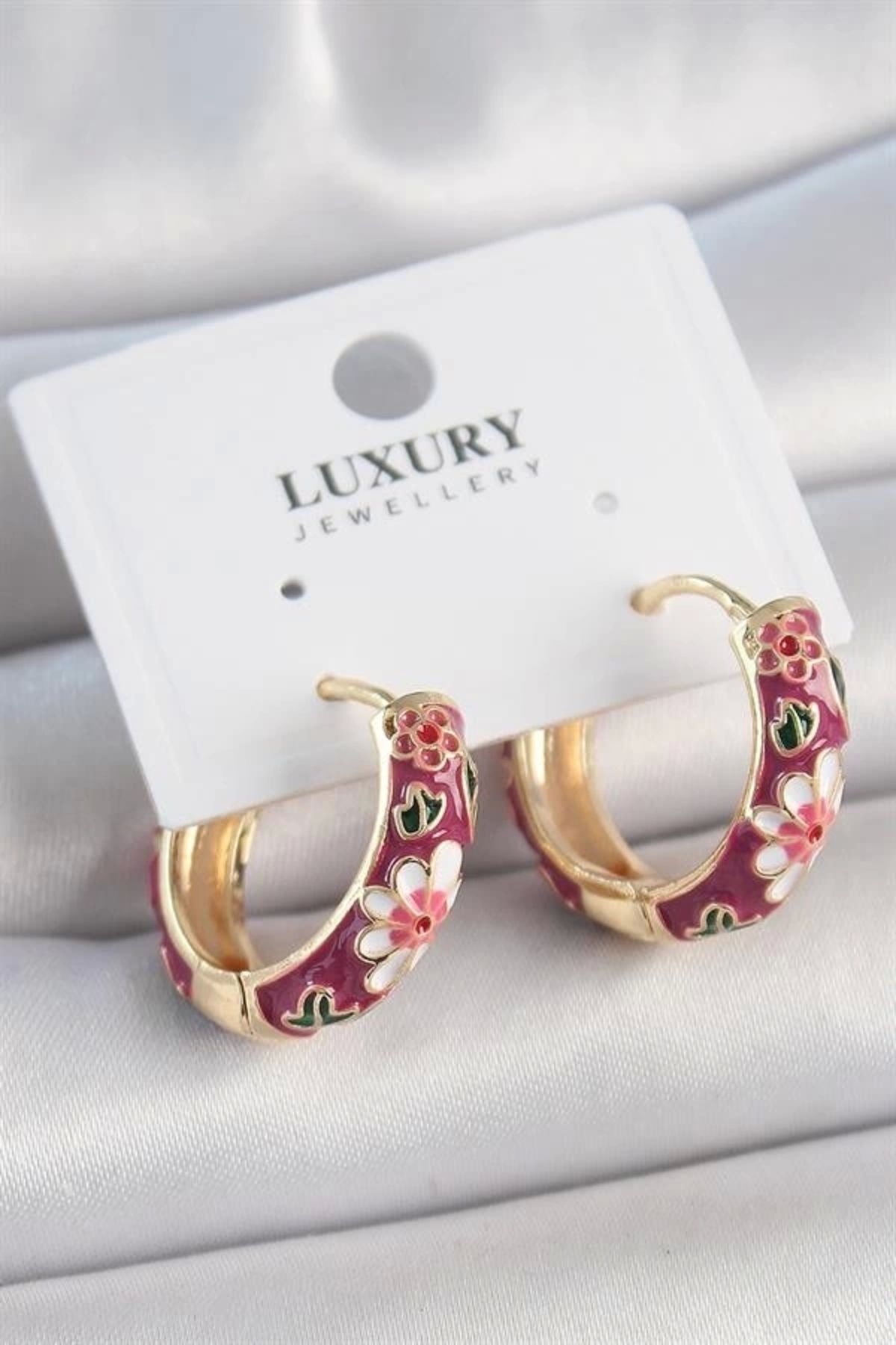 FASHIONLINE Pirinç Gold Renk Halka Mor Çiçek Mineli Kadın Küpe