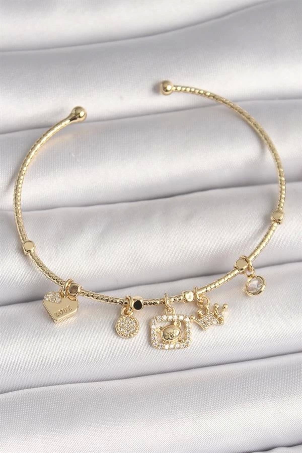 FASHIONLINE Pirinç Gold Renk Sallantı Zirkon Taşlı Ayıcık Figür Taç Detay Charm Kadın Bileklik