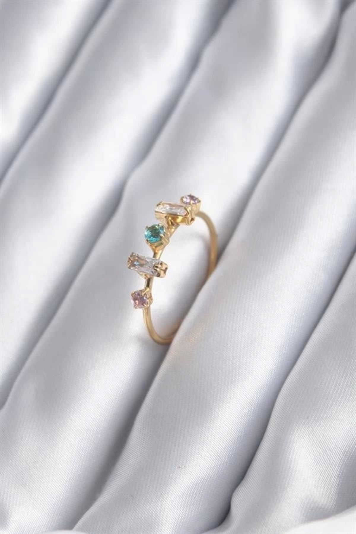 FASHIONLINE Gold Renk Zirkon Taşlı Renkli Zirkon Taşlı Kadın Yüzük