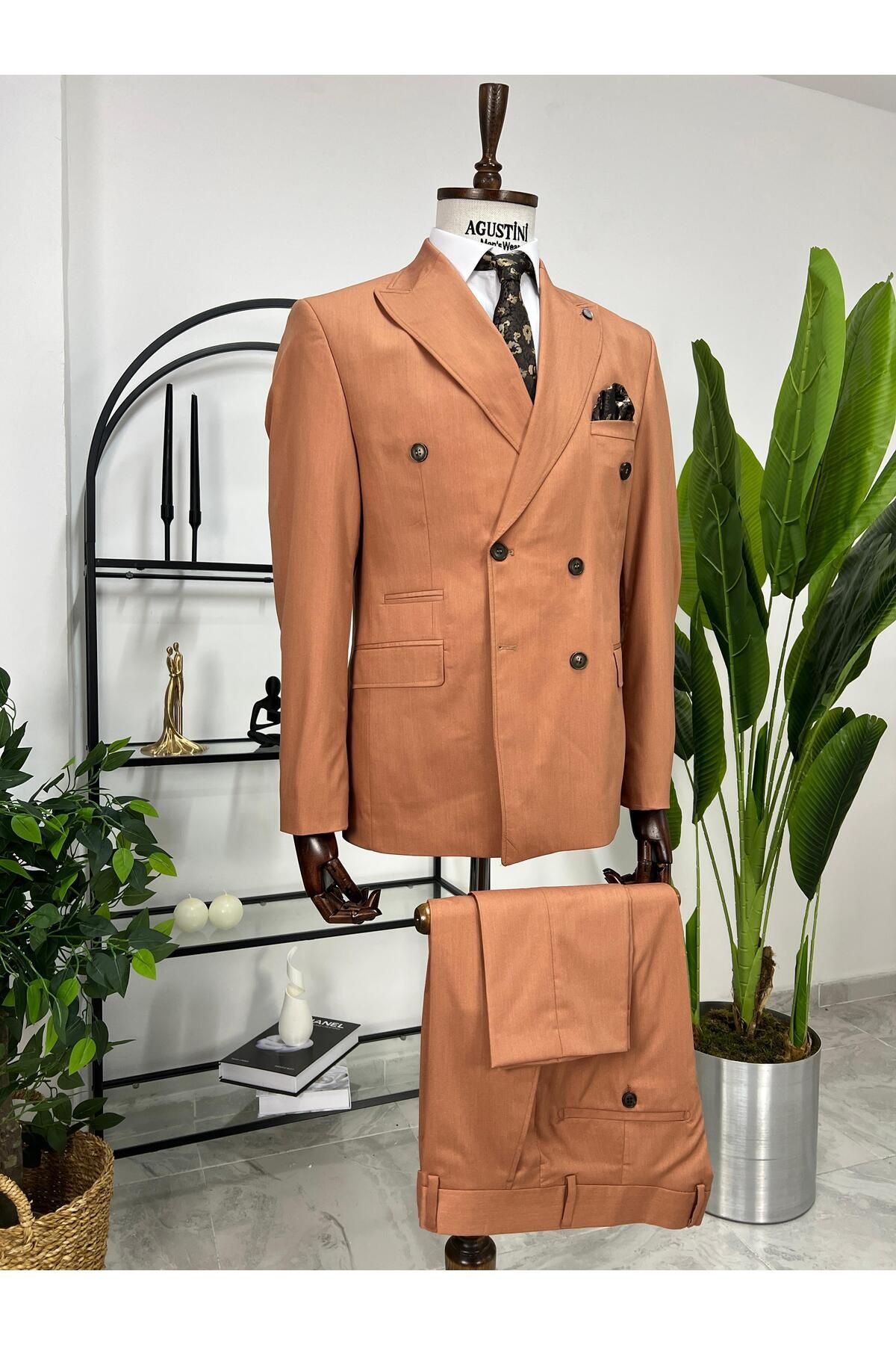 AGUSTİNİ Kremit Renk Kruvaze 2Lİ Takım Elbise Sivri Yaka Slim Fit Kalıp | Agustini