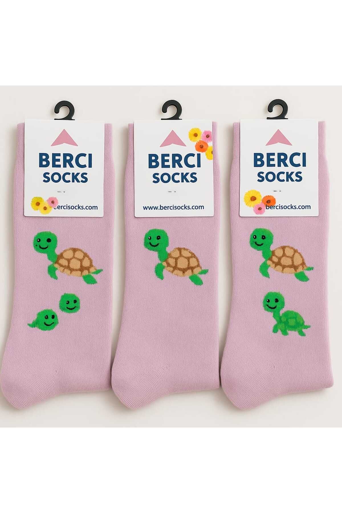 BS Parıltı Açık Mor Minmal Kaplumağa Desenli Pamuklu Sevimli Soket Çorap Seti ( 3 adet )