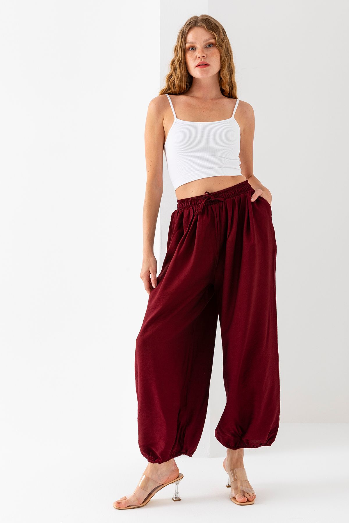 GİYSA Kadın Beli Ayarlanabilir Çift Cepli Şalvar Pantolon Bordo - 4007