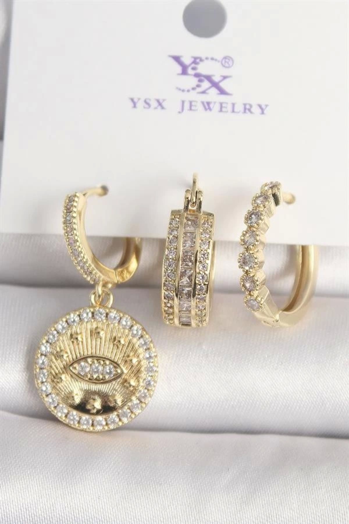 FASHIONLINE Pirinç Gold Renk Zirkon Taşlı Göz İşlemeli Model 3'Lü Kadın Kombin Küpe