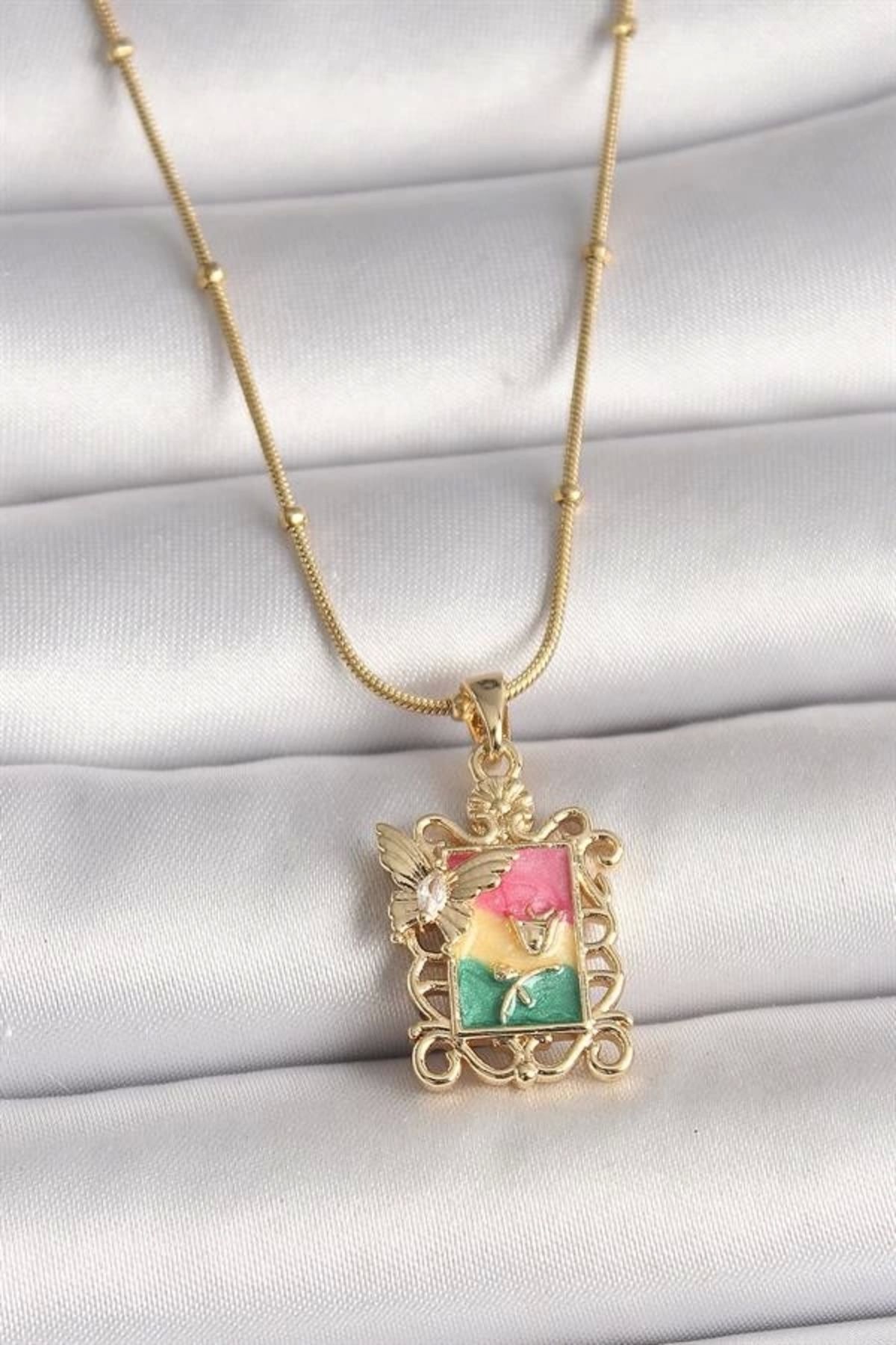 FASHIONLINE 316L Çelik Gold Renk Renkli Zirkon Taşlı Kelebek İşlemeli Portre Model Kadın Kolye