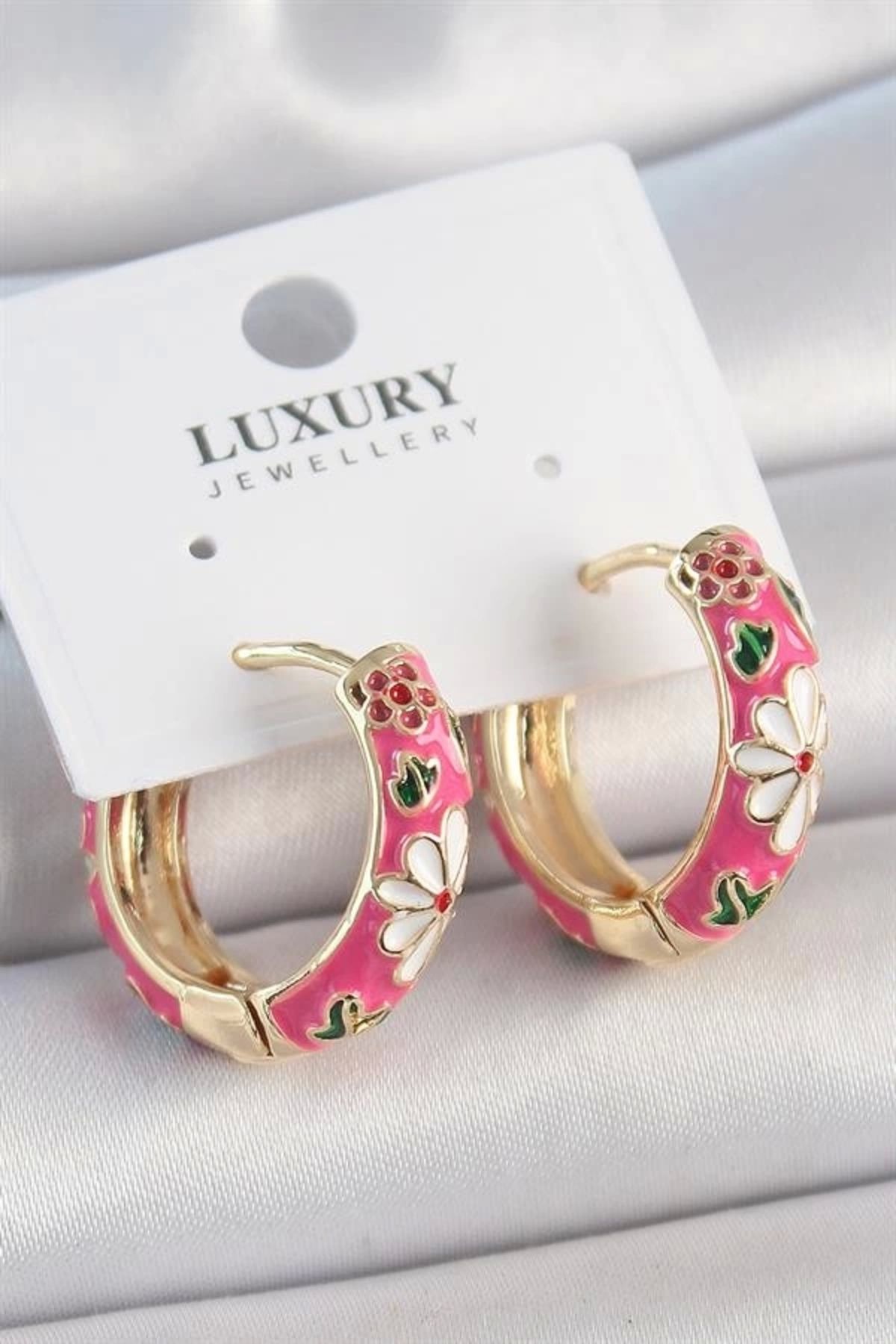 FASHIONLINE Pirinç Gold Renk Halka Model Pembe Çiçek İşlemeli Kadın Küpe