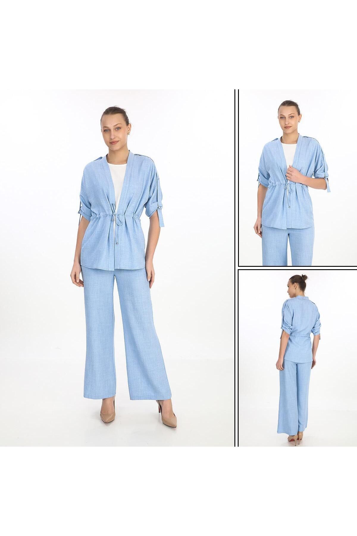 GND TEKSTİL Gnd Kadın 3’lü Yazlık Takım – Salaş Ceket + Geniş Paça Pantolon + Basic Bluz