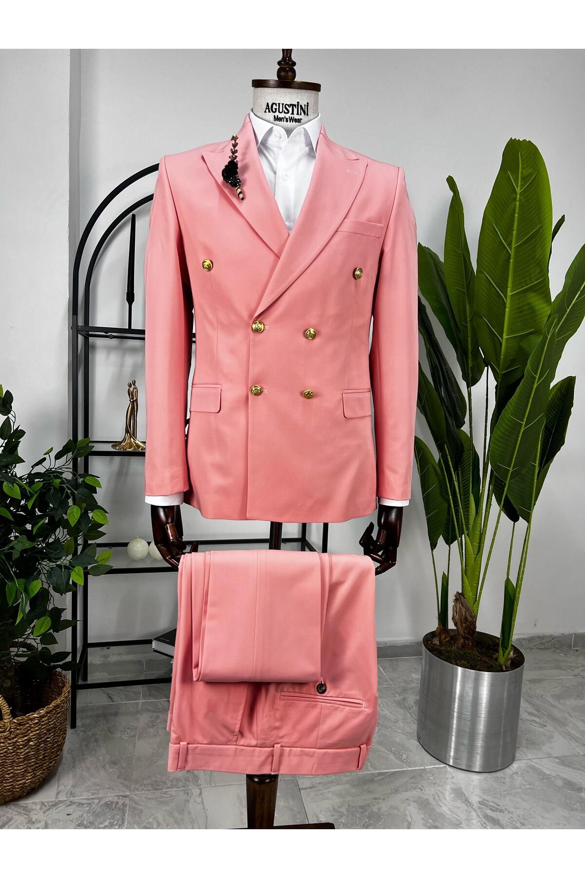 AGUSTİNİ Pembe Kruvaze 2Lİ Takım Elbise Sivri Yaka Slim Fit Kalıp | Agustini