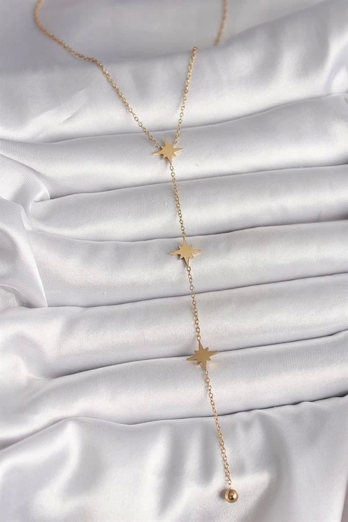 FASHIONLINE 316L Çelik Gold Renk Yıldız Topçuk Detay Kadın Y Kolye