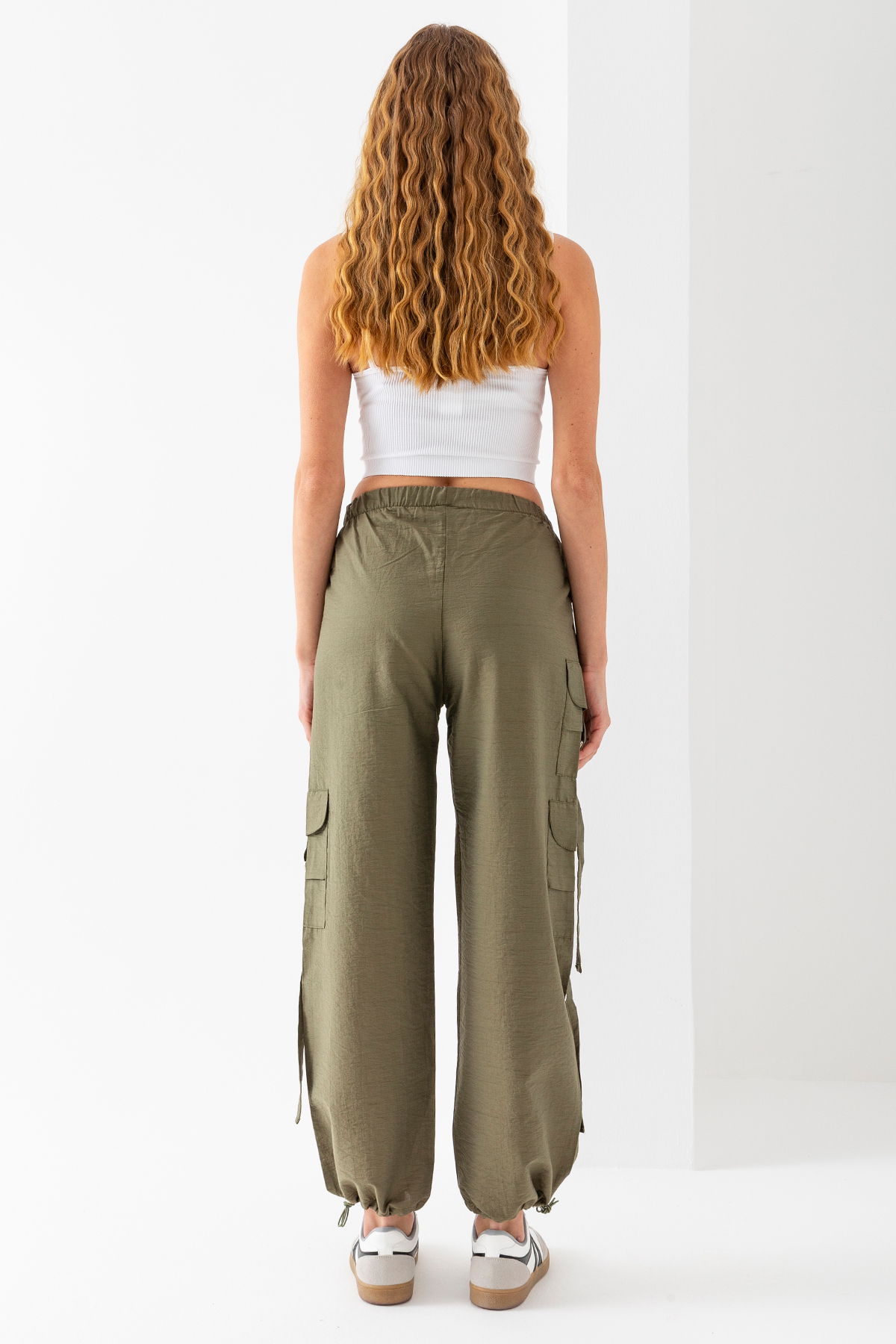 GİYSA  Kadın Beli ve Paçası Stoperli Kargo Cep Paraşüt Pantolon Yeşil - 25664 - Görsel 8