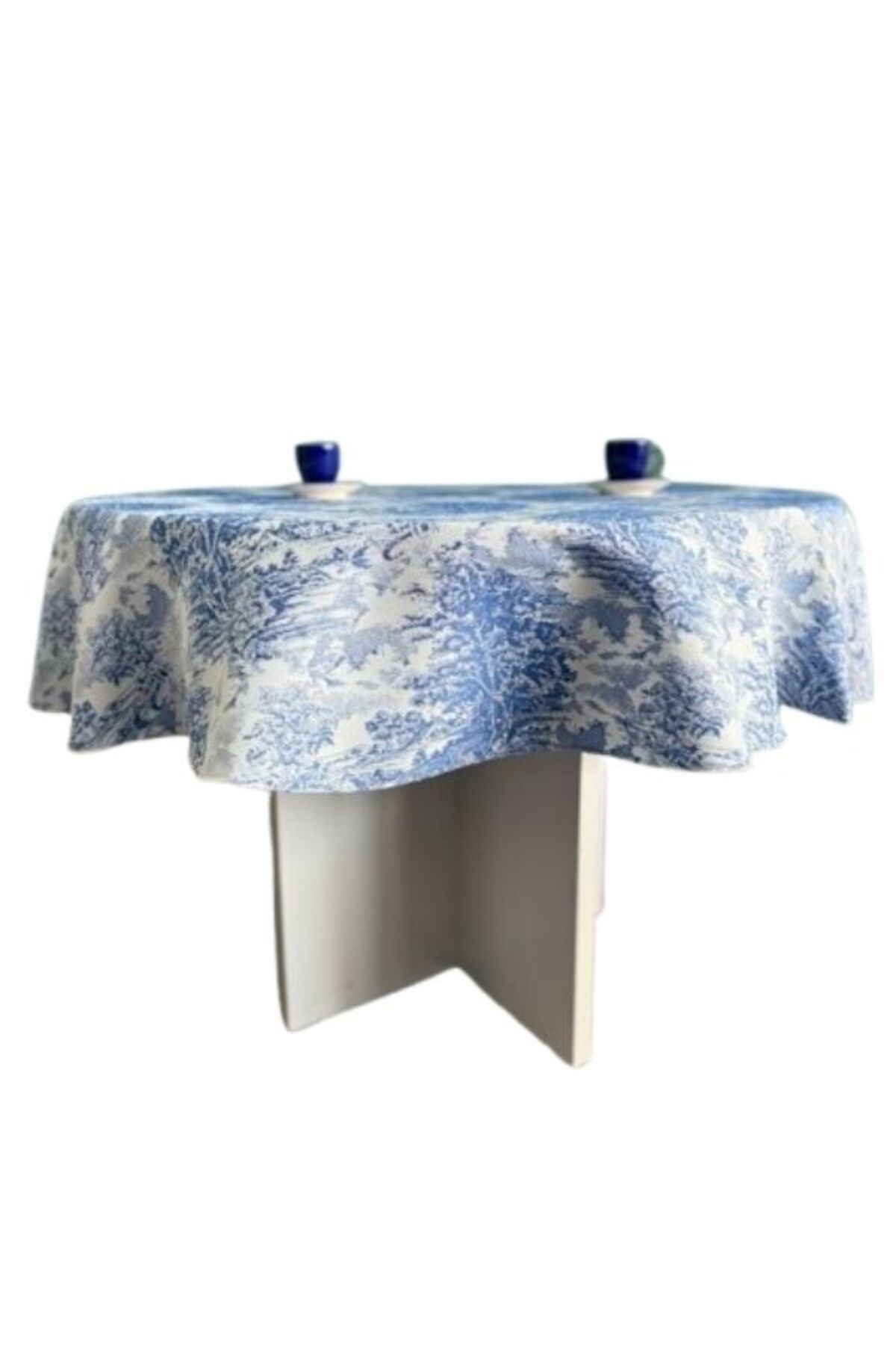 LOOM & LAUREL Jakarlı Dokuma Kumaş Yuvarlak 160 X 160 Masa Örtüsü Mavi Ağırlıklı