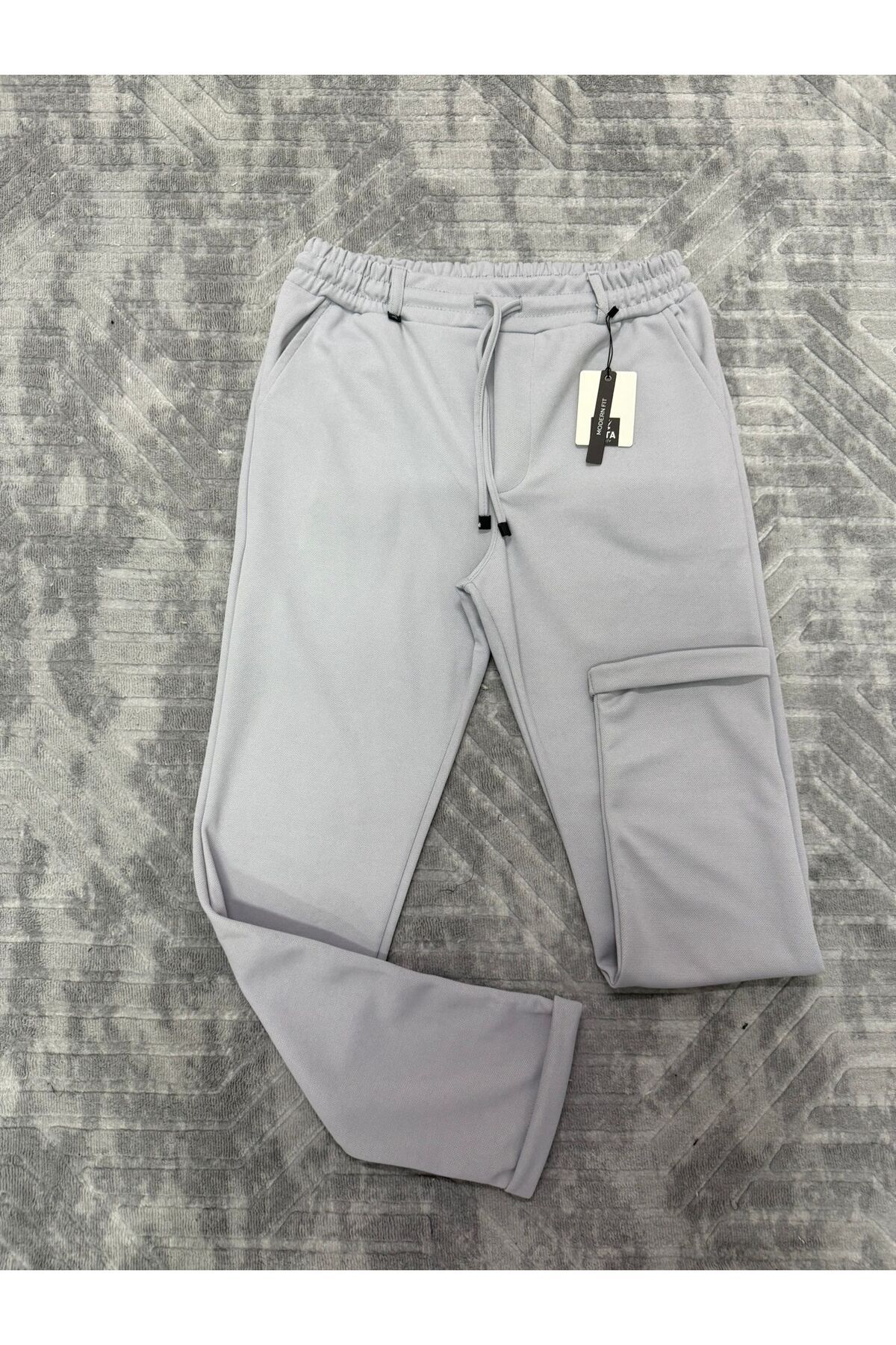 ŞOTALİFE ERKEK GRİ YANDAN CEPLİ BELİ LASTİKLİ BAĞCIKLI DUBLE PAÇA JOGGER PANTOLON