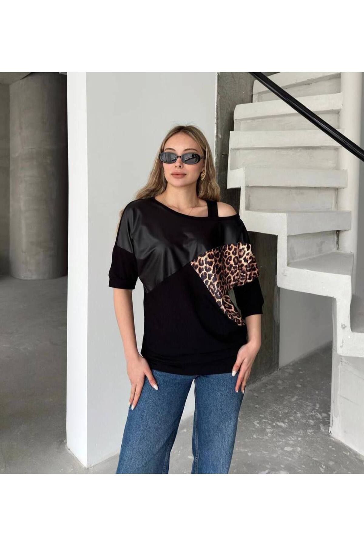 MODA Kadın Tek Omuz Askılı Leopar ve Deri Detaylı Kısa Kol Bluz