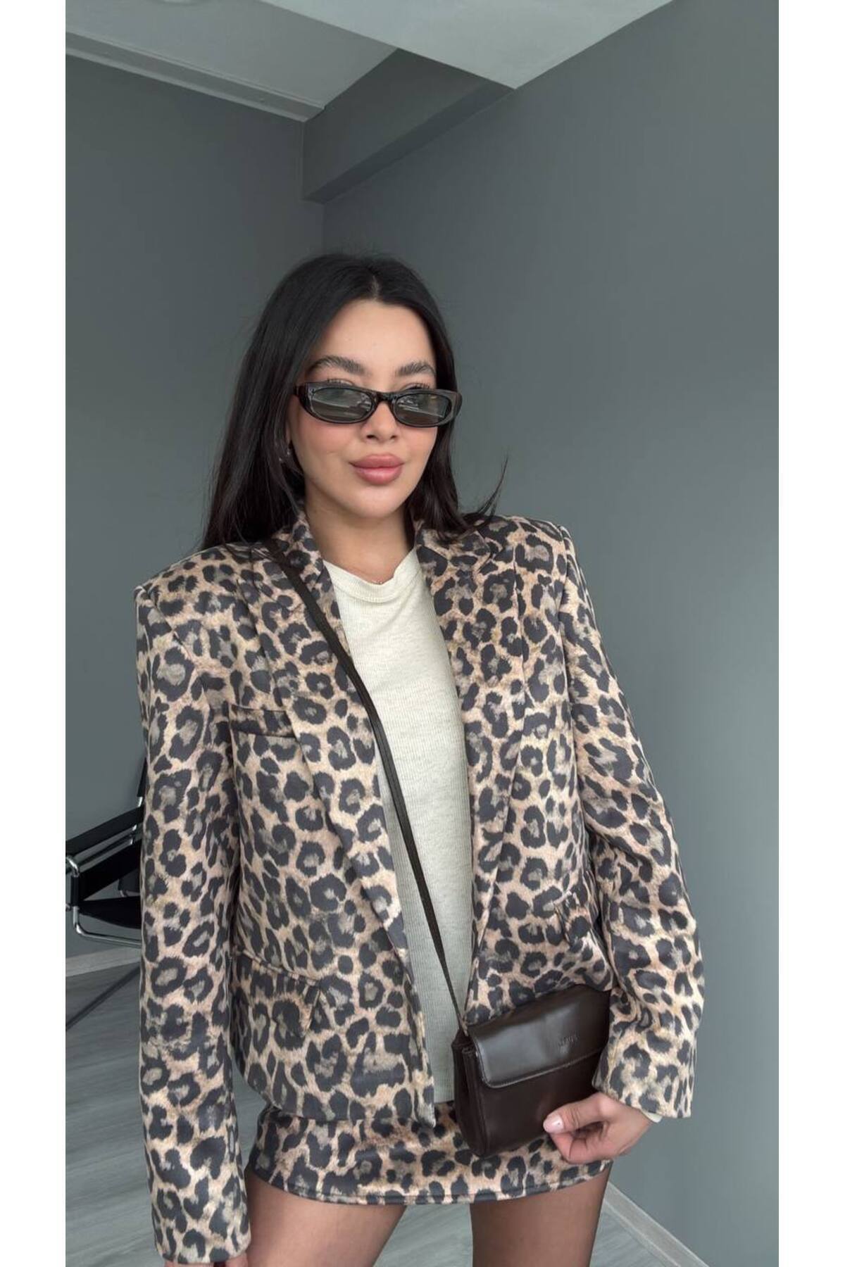 MODAGK-Leopard Pattern Soft Satin Suede Texture Jacket Skirt Set 6
