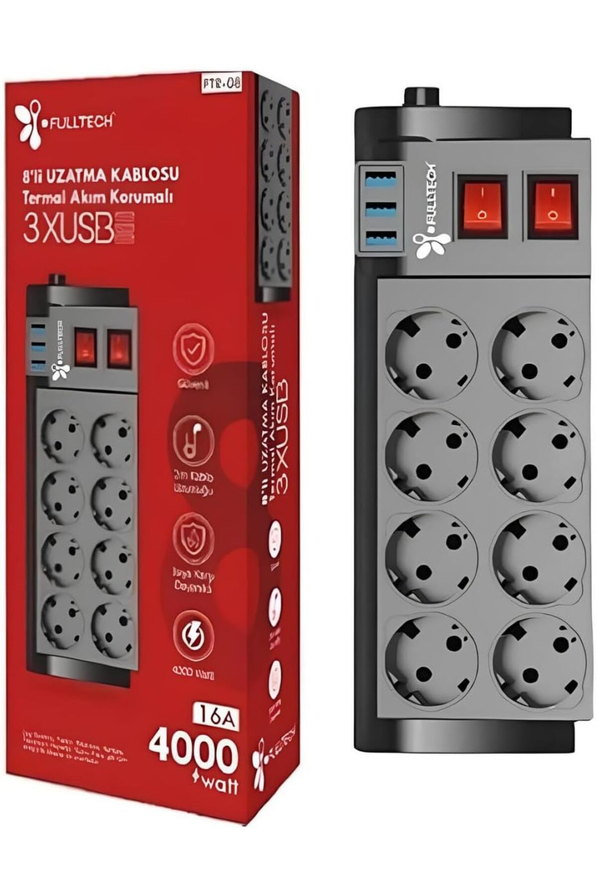 mazıdağı mazzıdağ Akım Korumalı, 8' Li Priz Soketi, Isıya Dayanıklı Yapı, 8x Priz Girişi, 3x Usb Gir