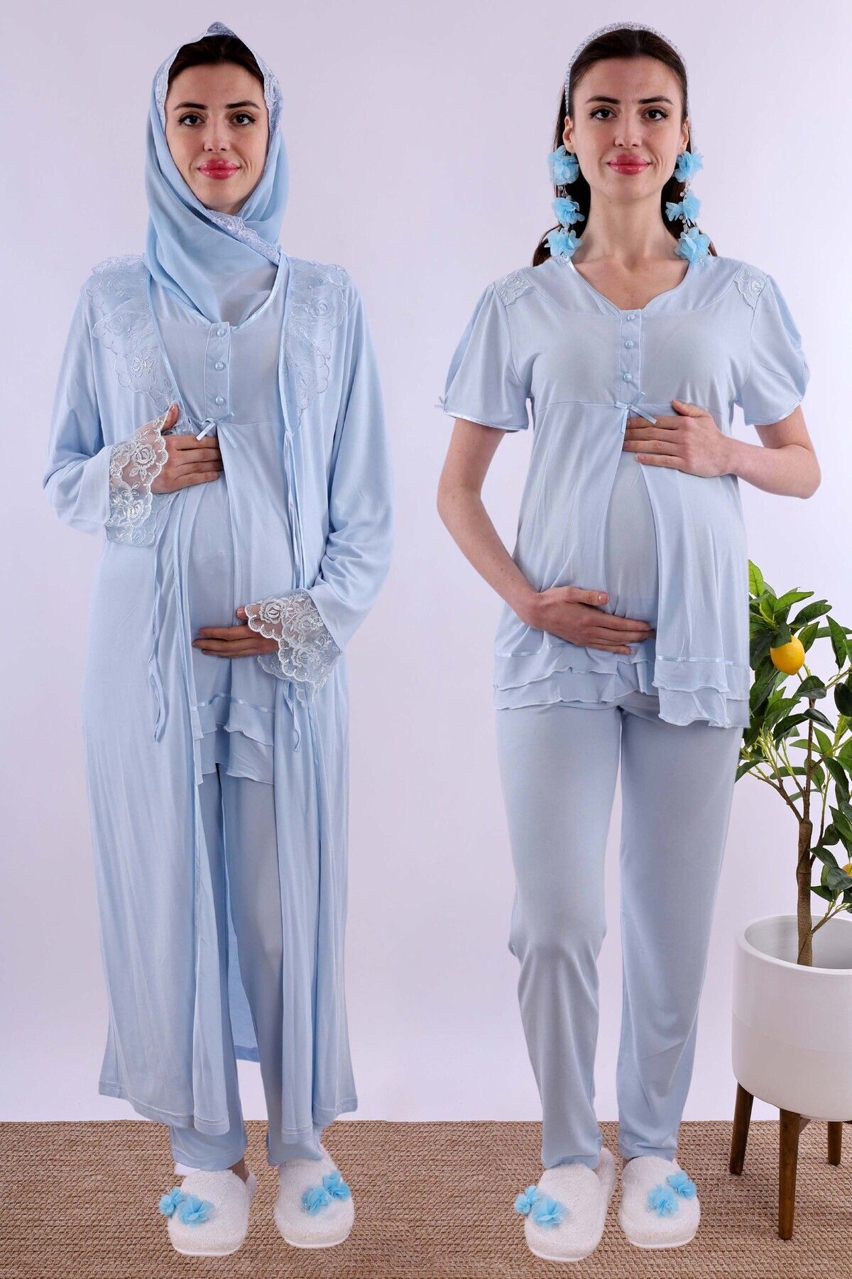 ByLohusa Effortt Mavi Tesettürlü Sabahlıklı Hamile Lohusa Pijama Takımı Byl2t80242