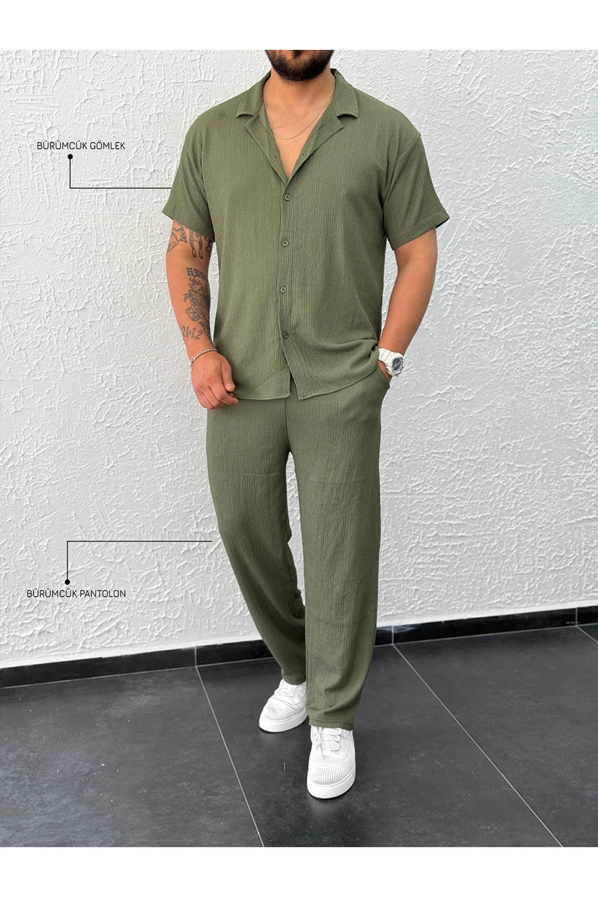 blucombin Bürümcük Gömlek ve Pantolon Yazlık Alt Üst takım 2li Set