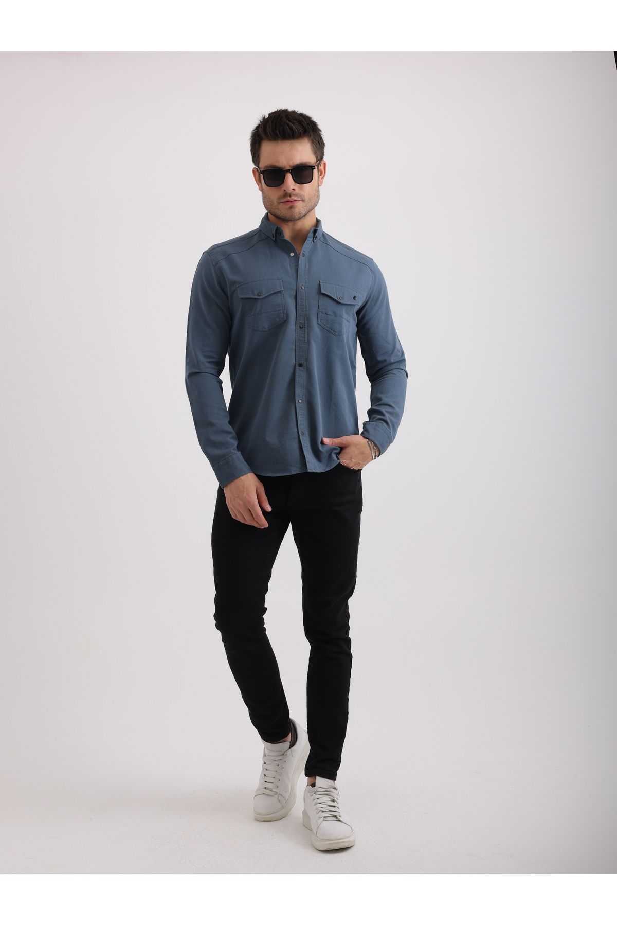 Sabe Erkek Slim Fit Koyu Petrol Likralı Kot Gömlek