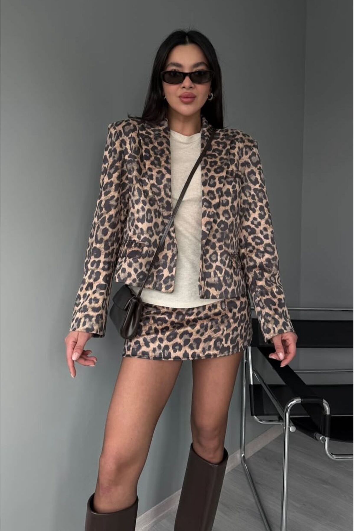 MODAGK-Leopard Pattern Soft Satin Suede Texture Jacket Skirt Set 5