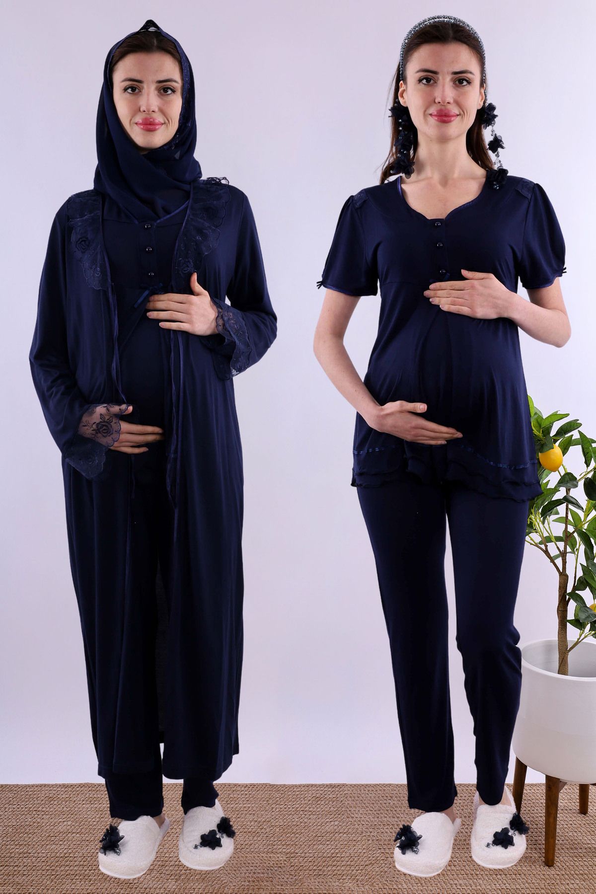 ByLohusa Effortt Lacivert Tesettürlü Sabahlıklı Hamile Lohusa Pijama Takımı Byl2t80242