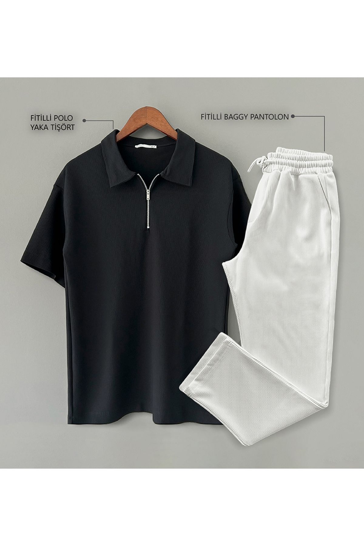 blucombin Fitilli Ottoman Polo Tişört ve Pantolon Alt Üst Takım 2li Set
