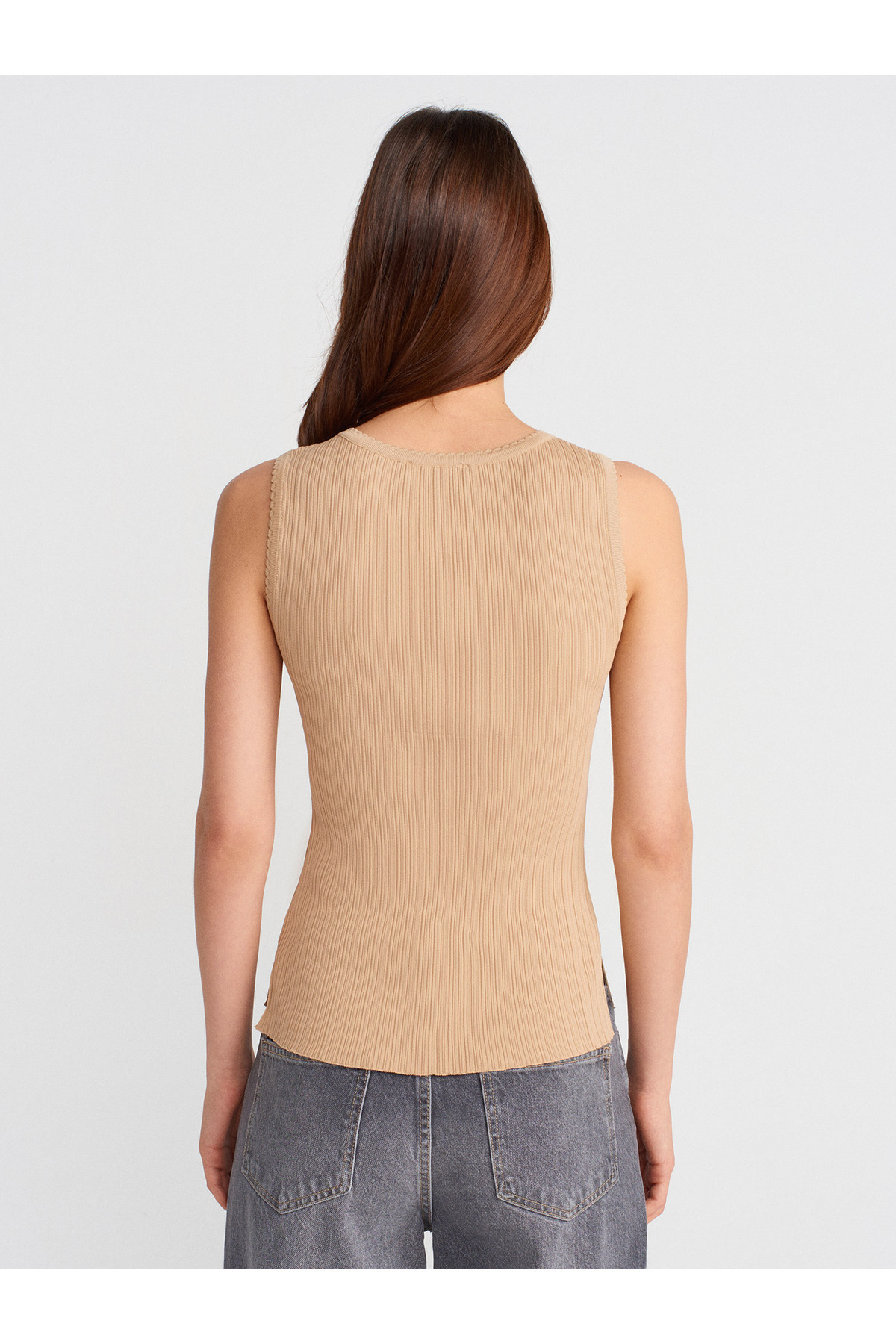 Dilvin-10753 Boat Neck Ribbed Thin Knitwear Blouse-Beige 2
