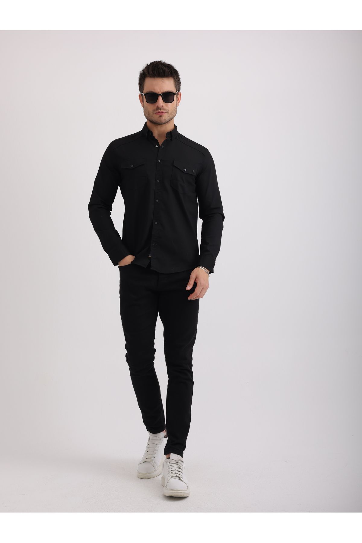 Sabe Erkek Slim Fit Siyah Likralı Kot Gömlek