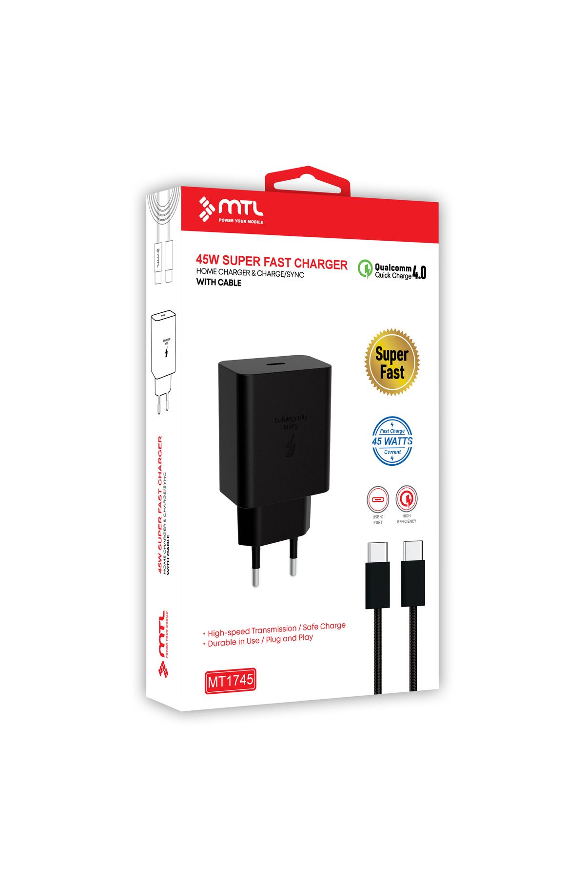 MTL 45W SÜPER FAST QC 4.0 PD TYPE-C TO TYPE-C EV ŞARJ CİHAZI MT1745