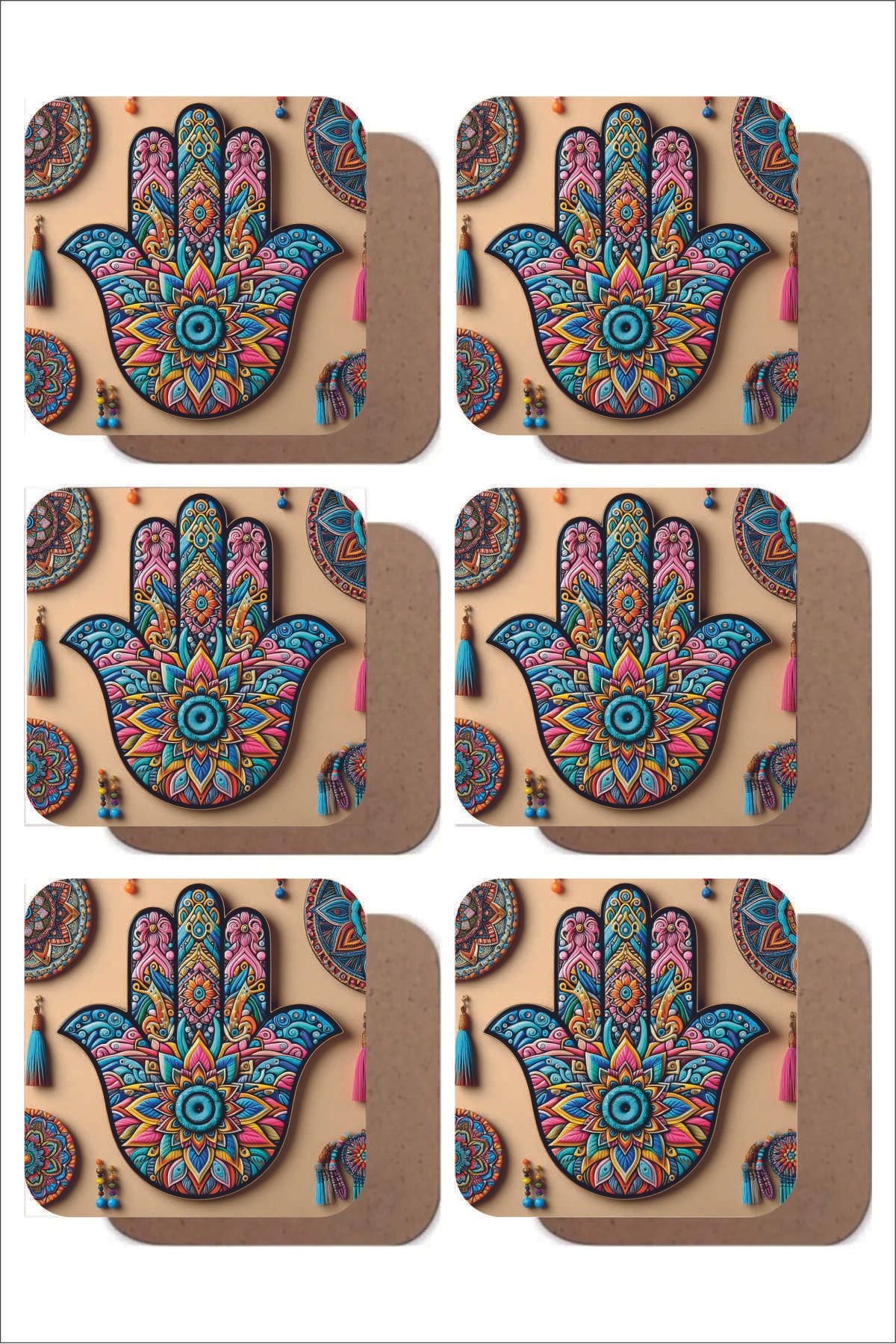 UNT Hamsa Temalı 6'lı Ahşap Bardak Altlığı Seti