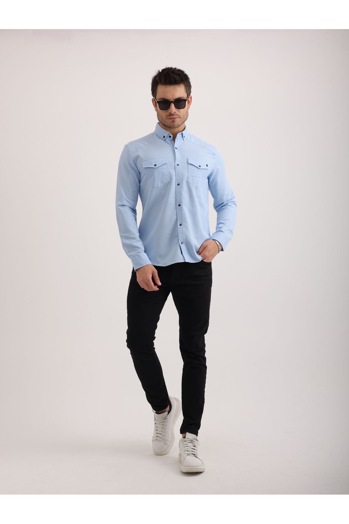 Sabe Erkek Slim Fit Açık Mavi Likralı Kot Gömlek