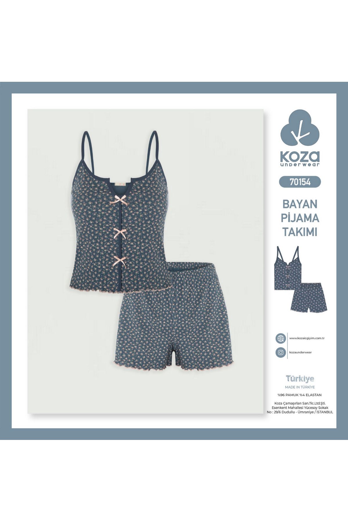 Koza Kadın Pamuklu Penye Kumaş İp Askılı Ve Yarım Kollu Pijama Takımları