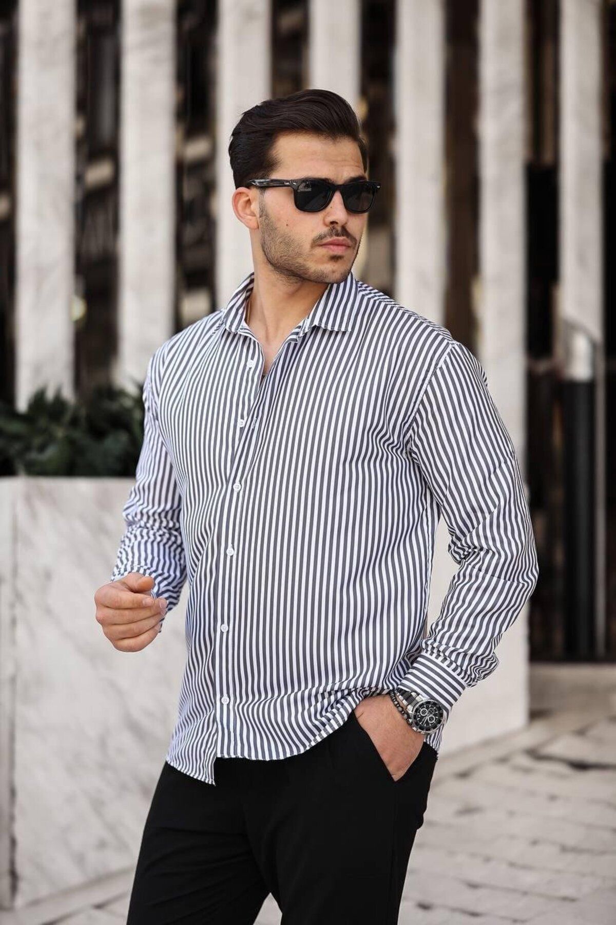MODA Erkek Füme Beyaz Çizgili Gömlek