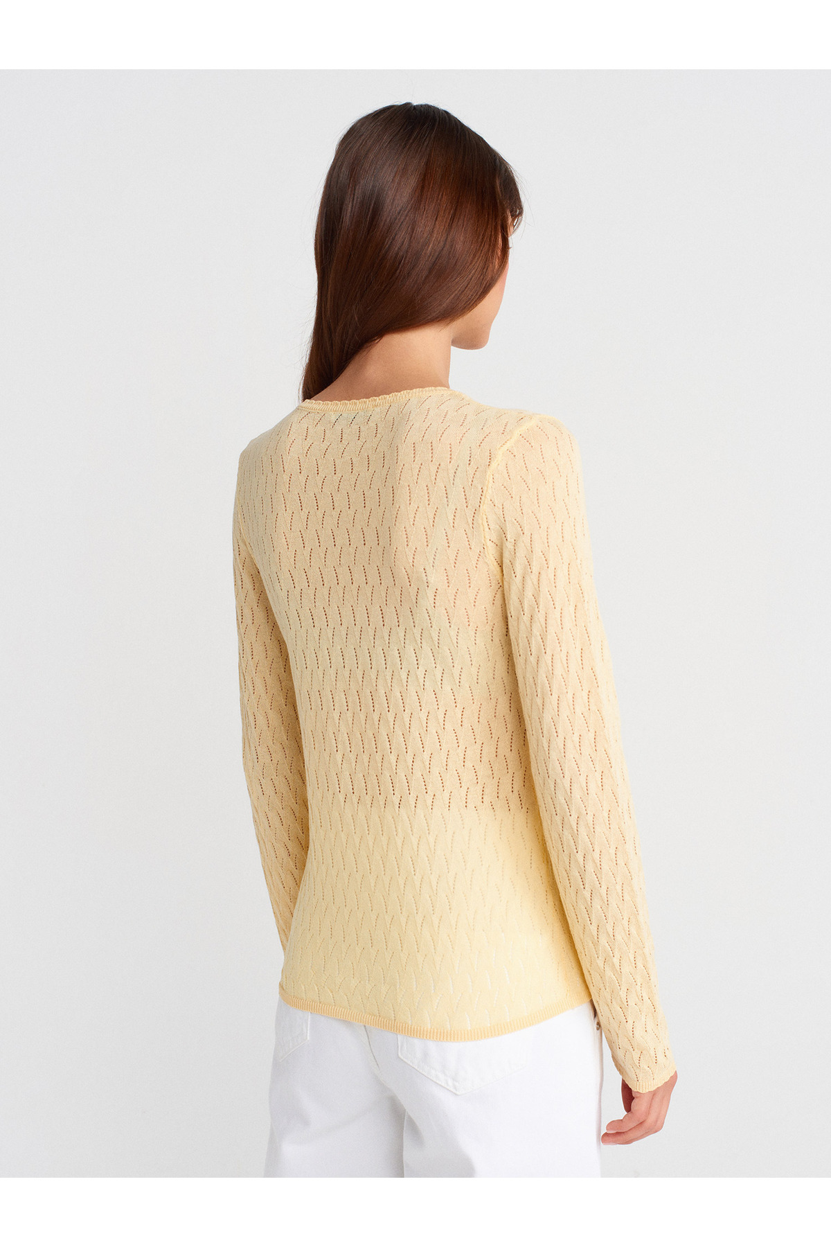 Dilvin-60969 V-Neck Openwork Button Slim Knitwear Cardigan-Yellow 2