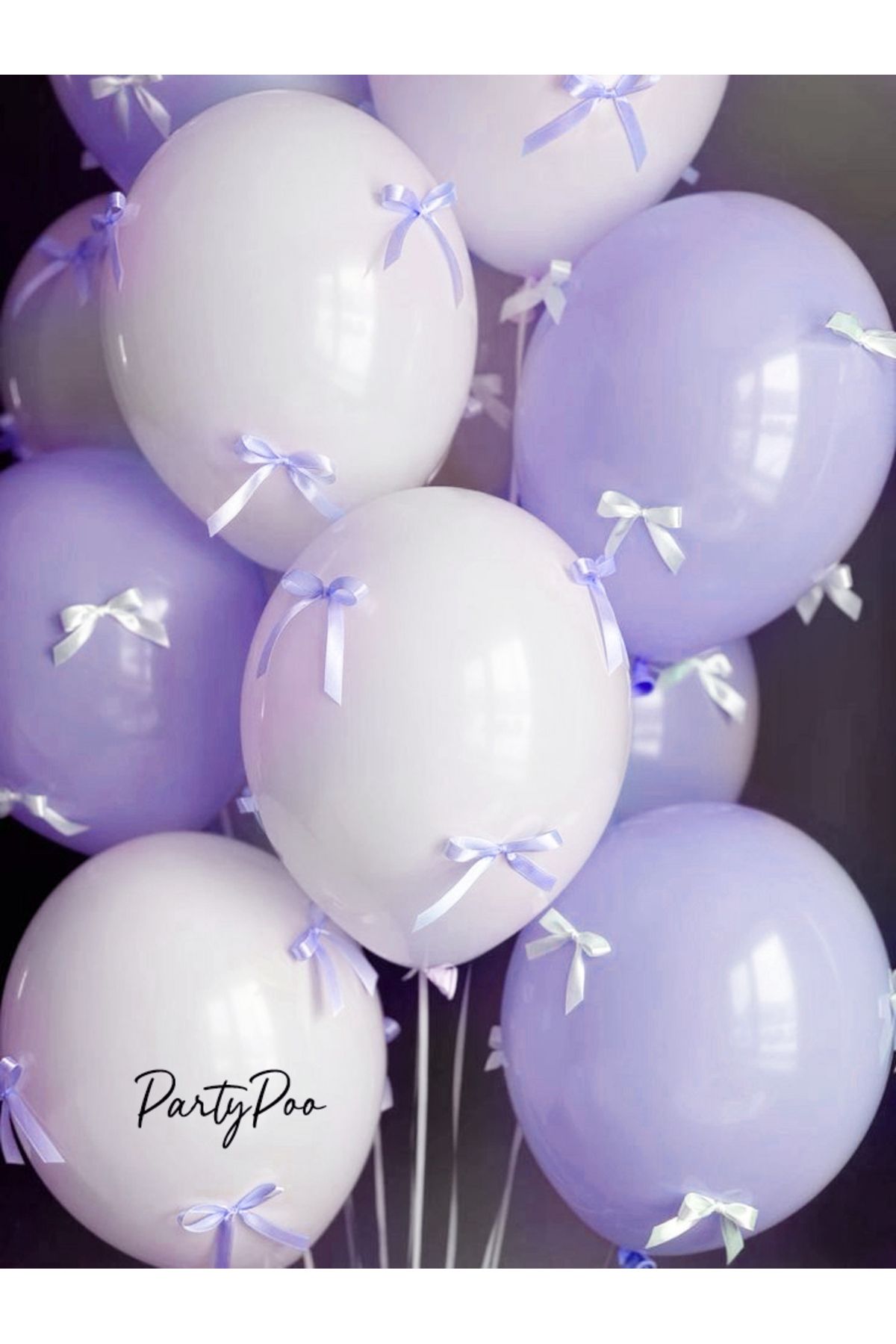 PartyPoo Beyaz Lila Fiyonk Kurdeleli, Lila Beyaz Balon Seti 10'lu Doğum Günü Parti Seti Fiyonk'lu Balon