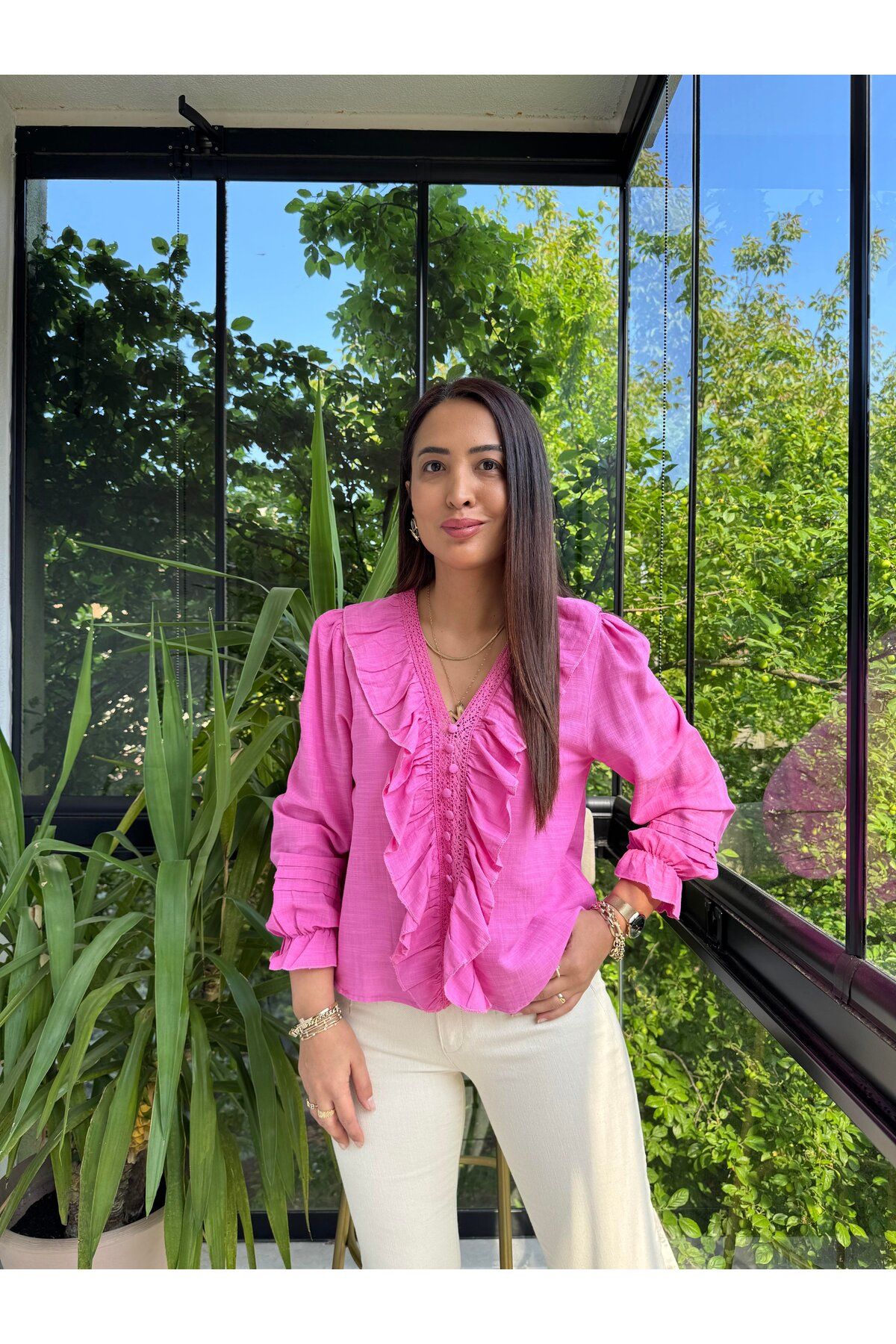 Moda İn Love Fırfırlı pembe gömlek