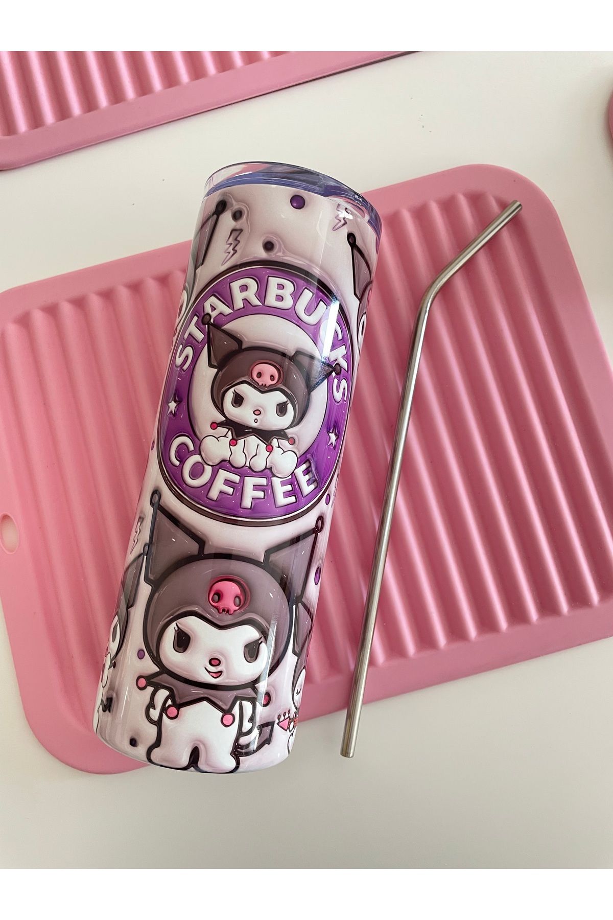 By Selen Suyolcu Kawaii Baskılı Pipetli Çelik Termos - 600 ML
