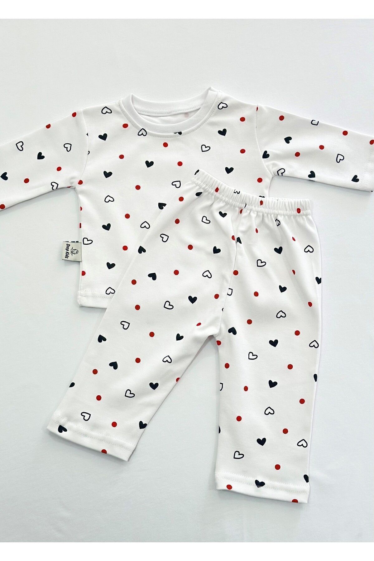 Drop Kids Bebek Pijama Uzun  Kalp Puan Desen %100 Pamuk Yenidoğan Çocuk Pijama fotoğrafı 2 (önizleme)