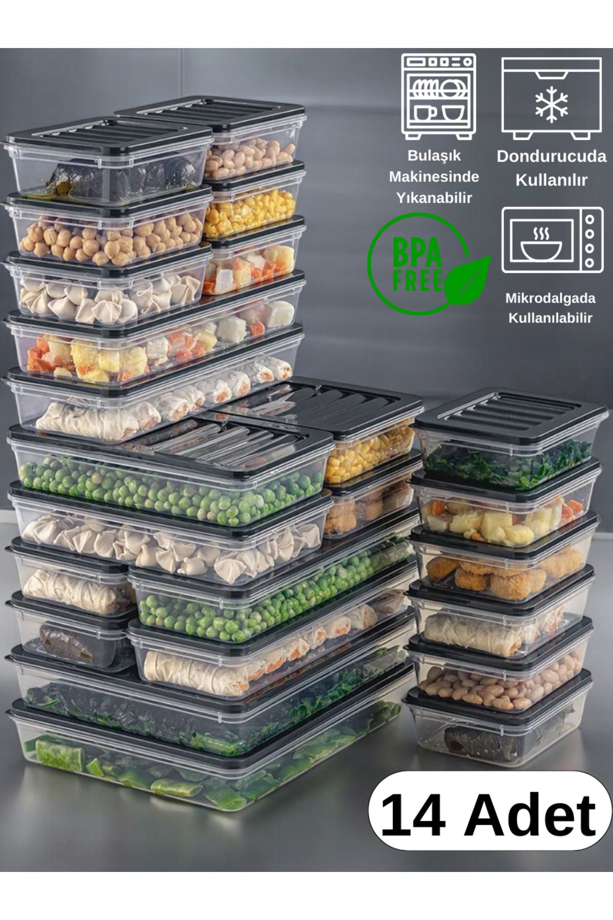 AKTURK HOME 14'lü Saklama Kabı , Mikrodalga Uyumlu Erzak Saklama Kabı 4x2400 Ml- 2x5300 ml- 4x1170 Ml- 4x1200 Ml