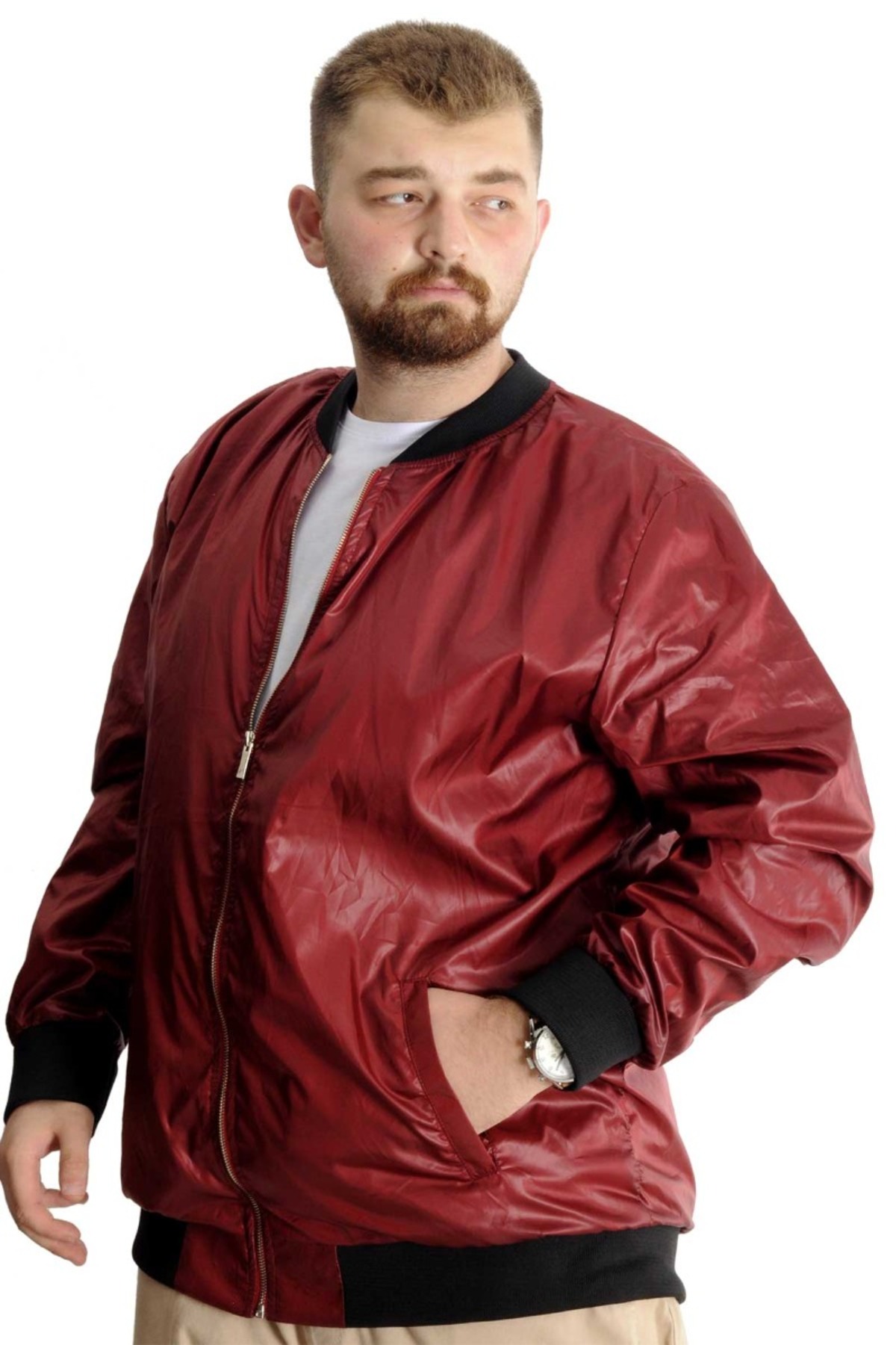 ModeXL Mode XL Büyük Beden Erkek YAZLIK INCE Kolej Mont Fermuarlı Jesica 22612 Bordo görsel 4