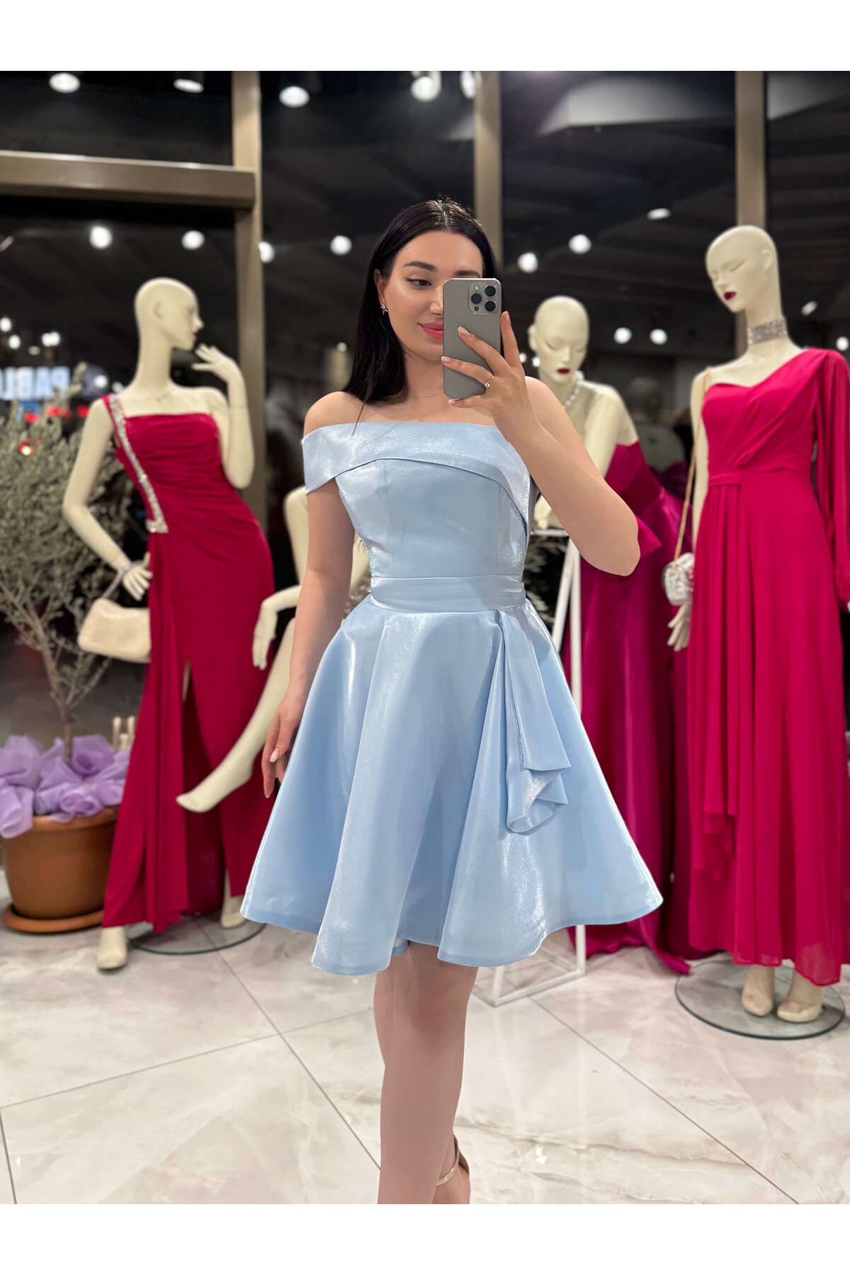 missswans Nona Omuz Detaylı Parlak Mini Eteği Kloş Elbise Abiye Bebe Mavi