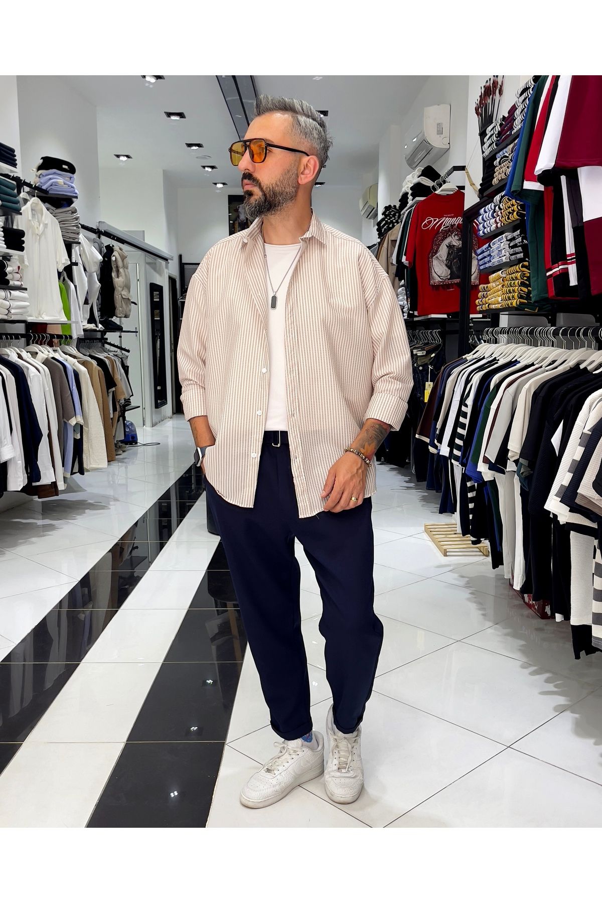 Higo Man Gofre Kumaş Çizgili Oversize Erkek Gömlek