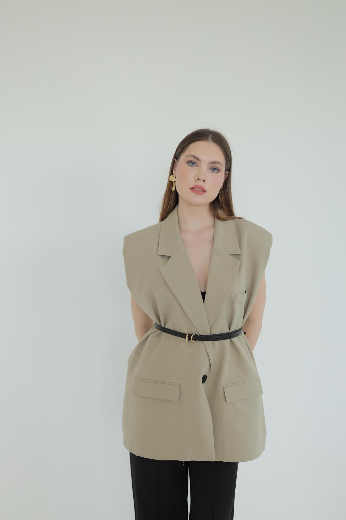 Finna & Co Aylana Kemerli Blazer Yelek Haki