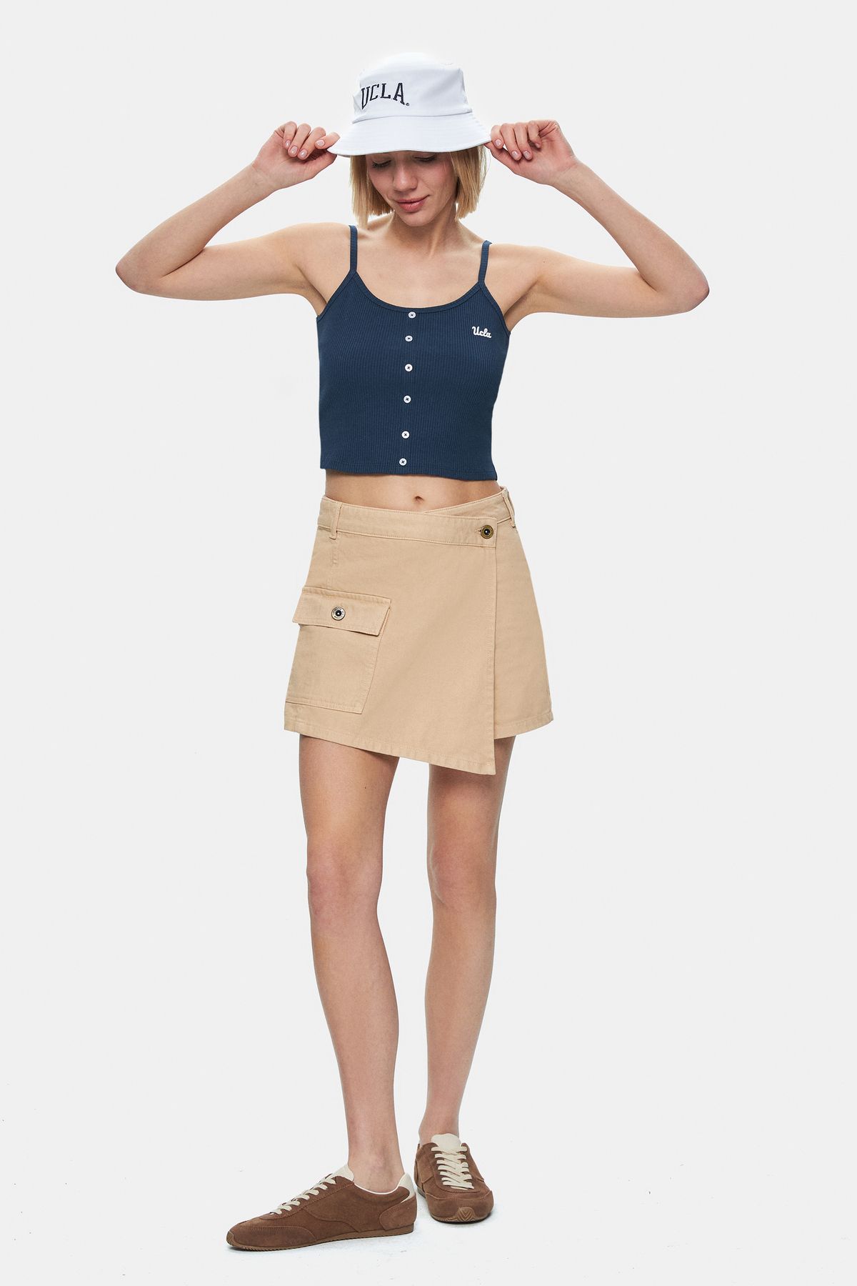 UCLA LINDA Camel Yıkamalı Denim Şort Etek Standard Fit Kadın Şort