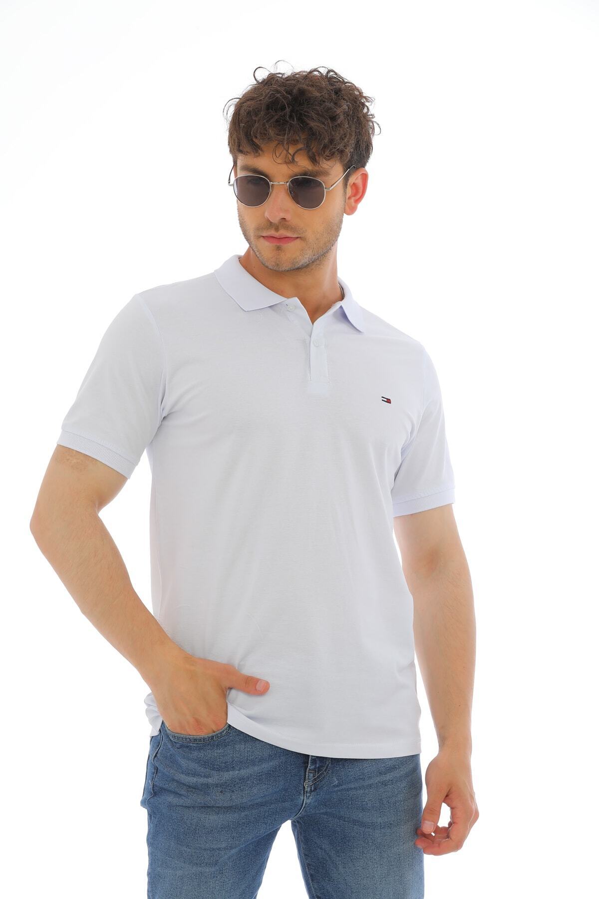 WAPP-Tricou cu mânecă scurtă din bumbac alb din Lycra pentru bărbați, cu guler polo brodat cu nasturi în față 5