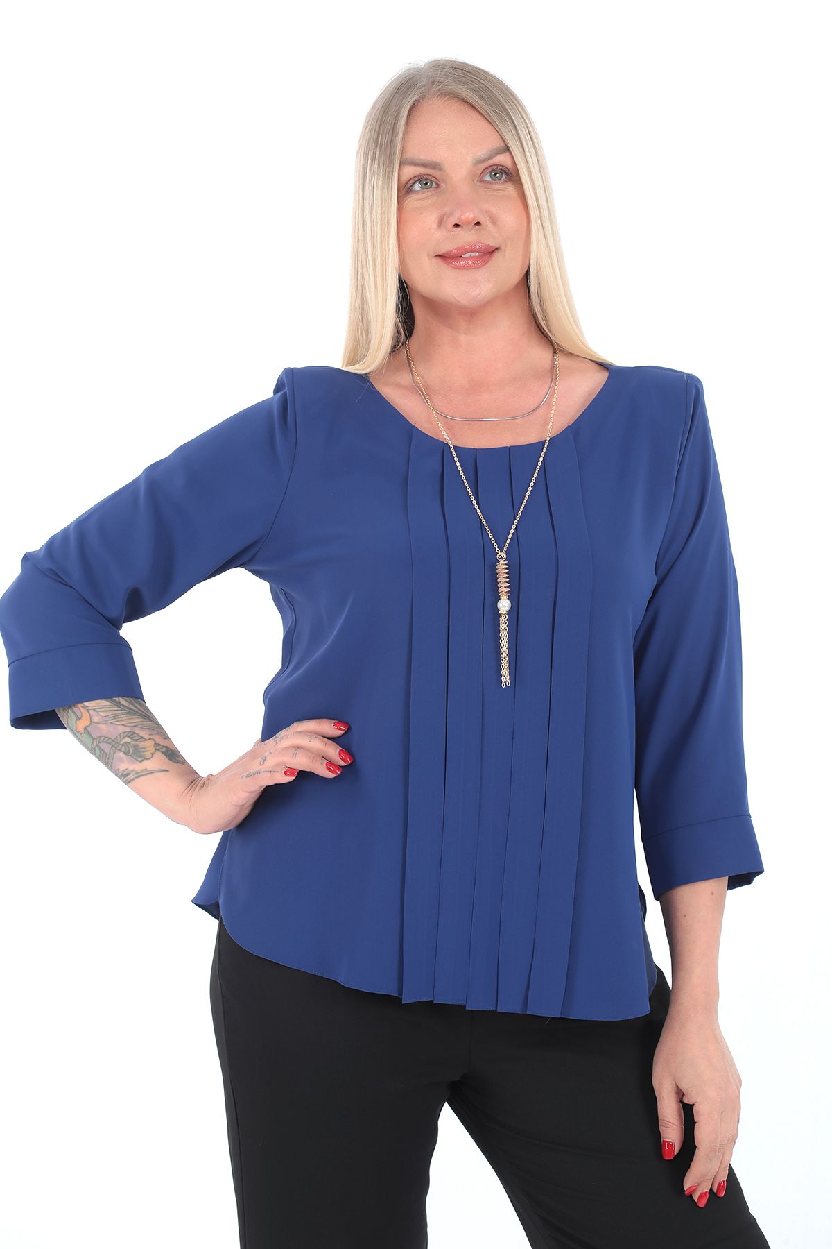 KİFAYET 12800 Kolyeli Önü Pliseli 3/4 Kol Jesika Bluz (R) (A101)